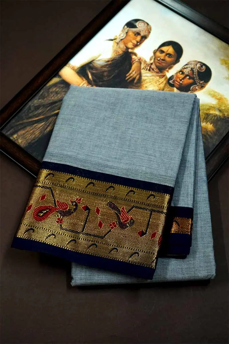 BLUE CYAN WITH PAITHANI BORDER KANCHI COTTON SAREE - Queens Jewel Emporium