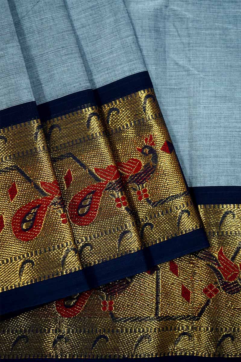 BLUE CYAN WITH PAITHANI BORDER KANCHI COTTON SAREE - Queens Jewel Emporium