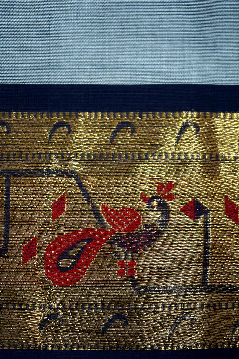 BLUE CYAN WITH PAITHANI BORDER KANCHI COTTON SAREE - Queens Jewel Emporium