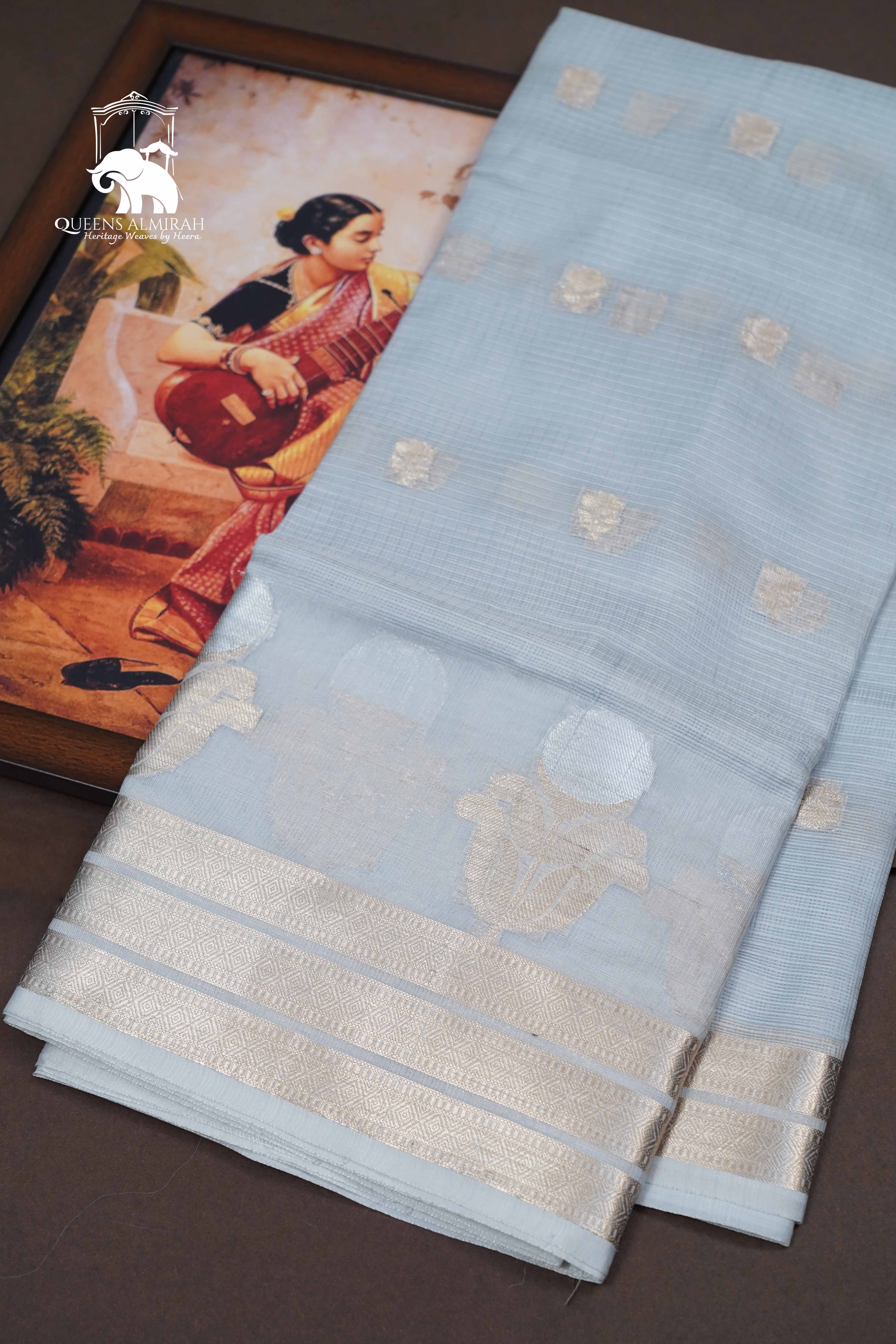 BLUE GREY SEMI KOTA SILK COTTON SAREE - Queens Jewel Emporium