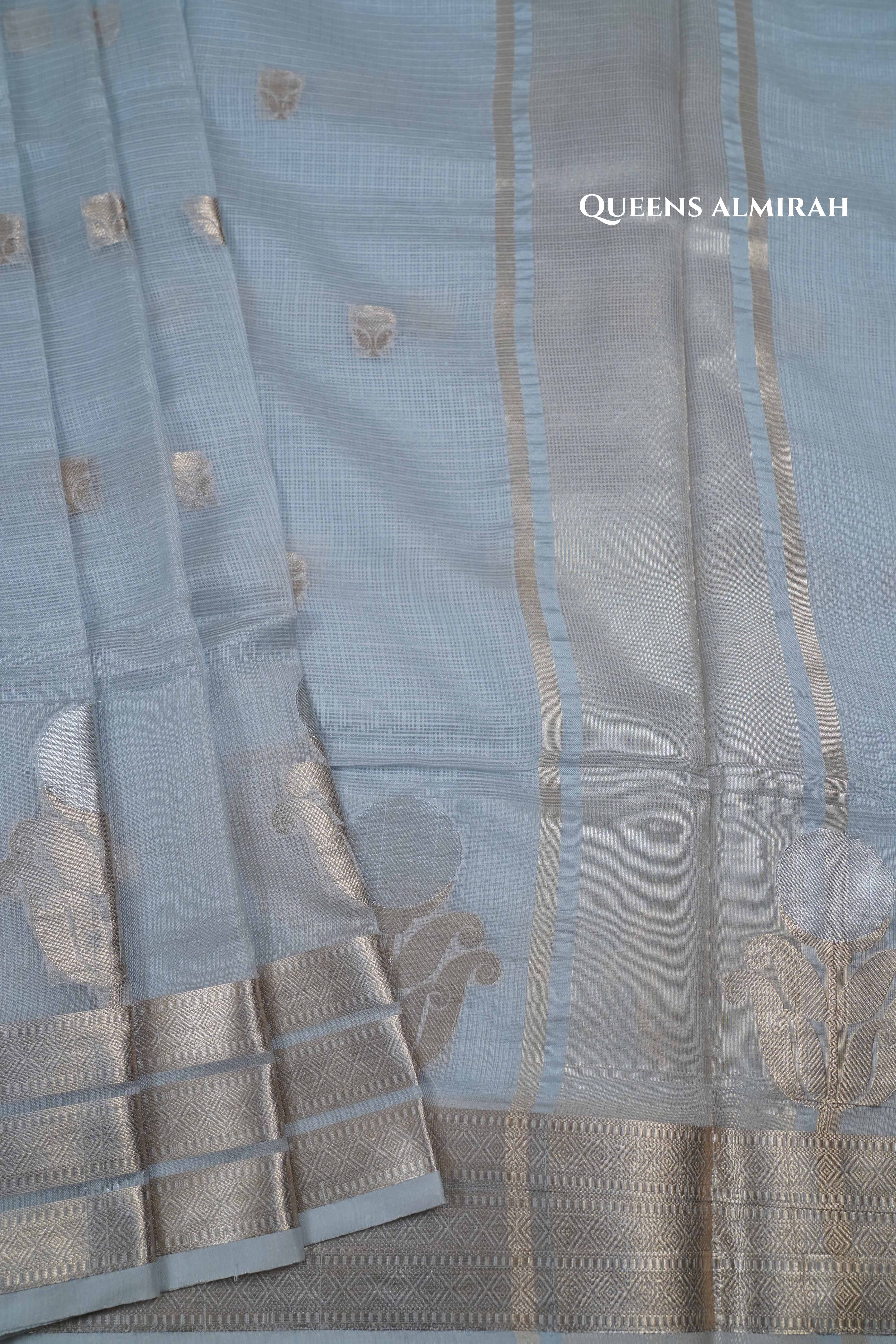 BLUE GREY SEMI KOTA SILK COTTON SAREE - Queens Jewel Emporium