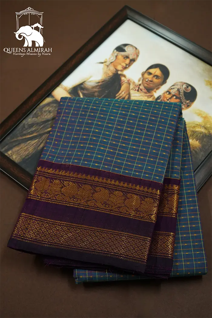 BLUISH CYAN WITH SEAL BROWN KANCHI COTTON SAREE - Queens Jewel Emporium