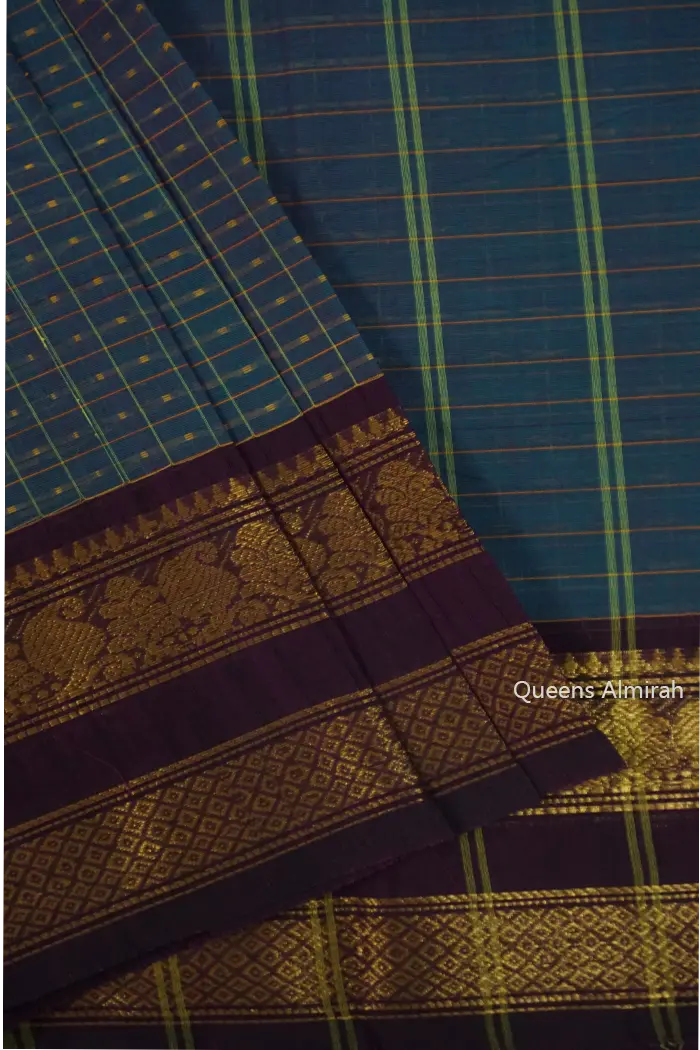 BLUISH CYAN WITH SEAL BROWN KANCHI COTTON SAREE - Queens Jewel Emporium