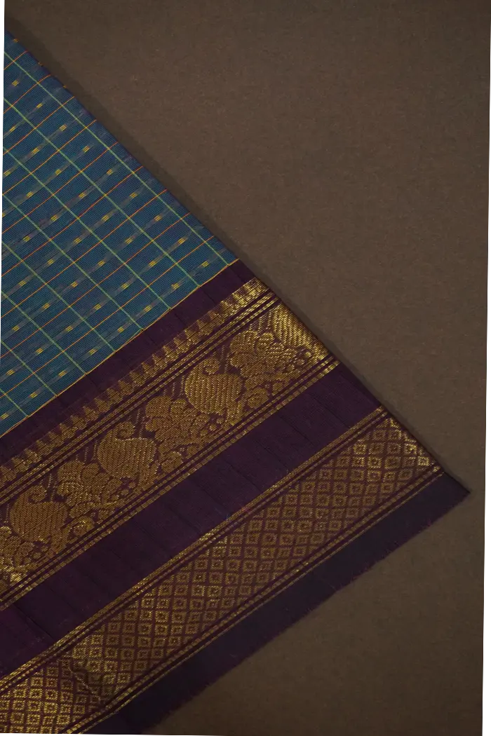 BLUISH CYAN WITH SEAL BROWN KANCHI COTTON SAREE - Queens Jewel Emporium