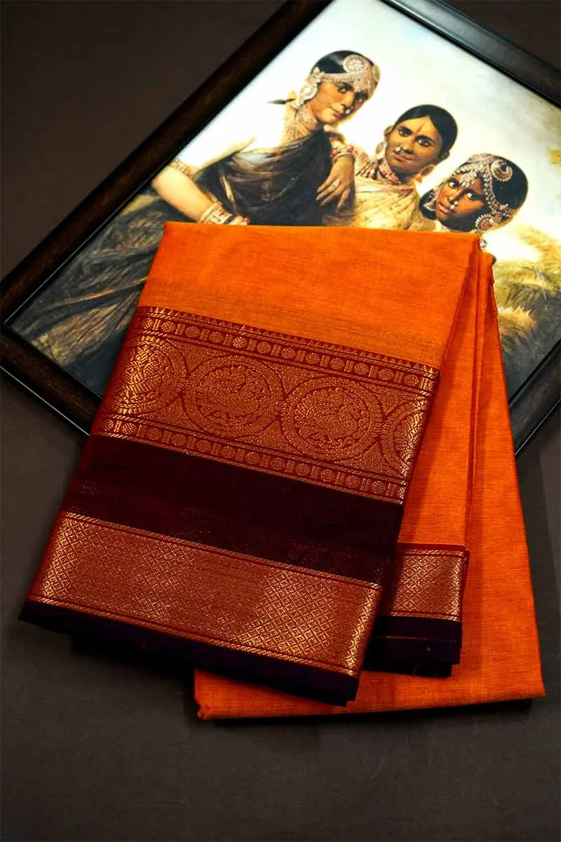 BRIGHT ORANGE WITH DARK BROWN KANCHI COTTON  SAREE - Queens Jewel Emporium