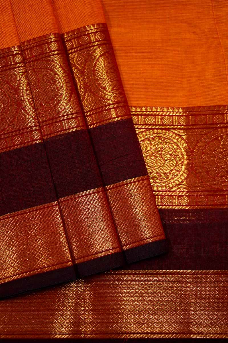 BRIGHT ORANGE WITH DARK BROWN KANCHI COTTON  SAREE - Queens Jewel Emporium