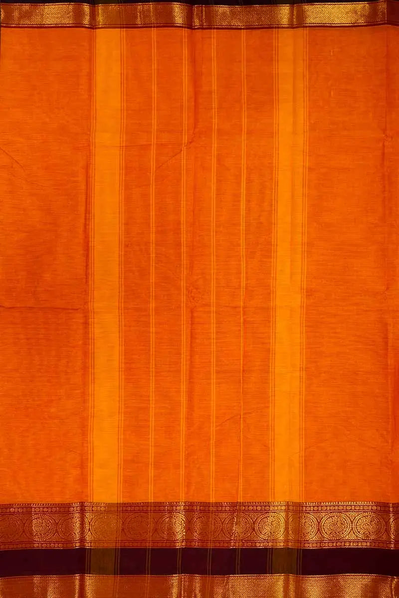 BRIGHT ORANGE WITH DARK BROWN KANCHI COTTON  SAREE - Queens Jewel Emporium