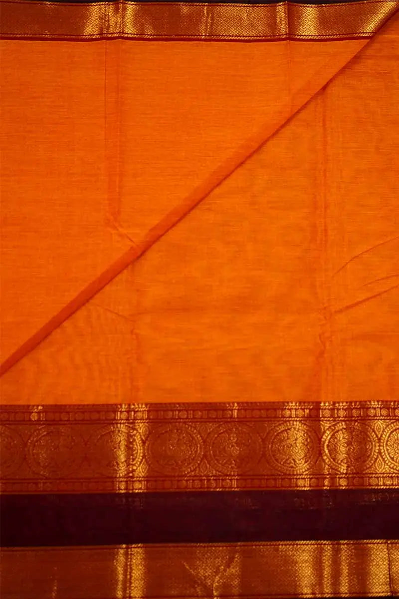 BRIGHT ORANGE WITH DARK BROWN KANCHI COTTON  SAREE - Queens Jewel Emporium