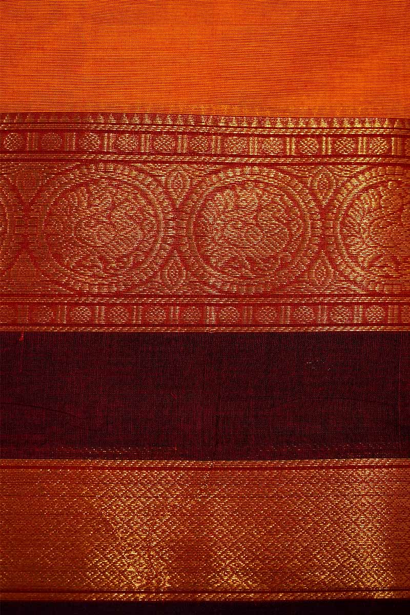BRIGHT ORANGE WITH DARK BROWN KANCHI COTTON  SAREE - Queens Jewel Emporium