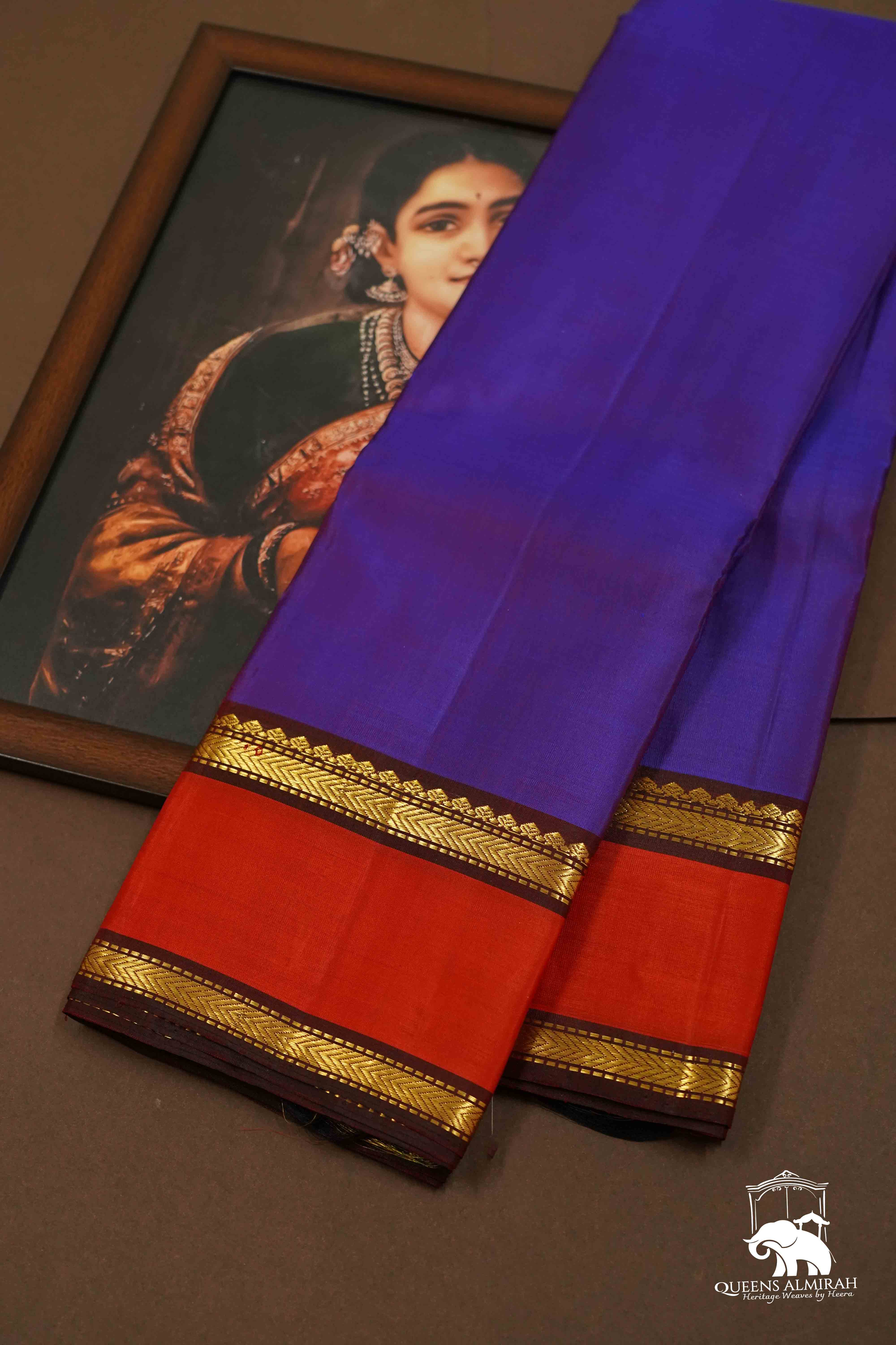 BRINJAL PURPLE WITH CORAL RED PURE KANCHIVARAM SILK SAREE - Queens Jewel Emporium