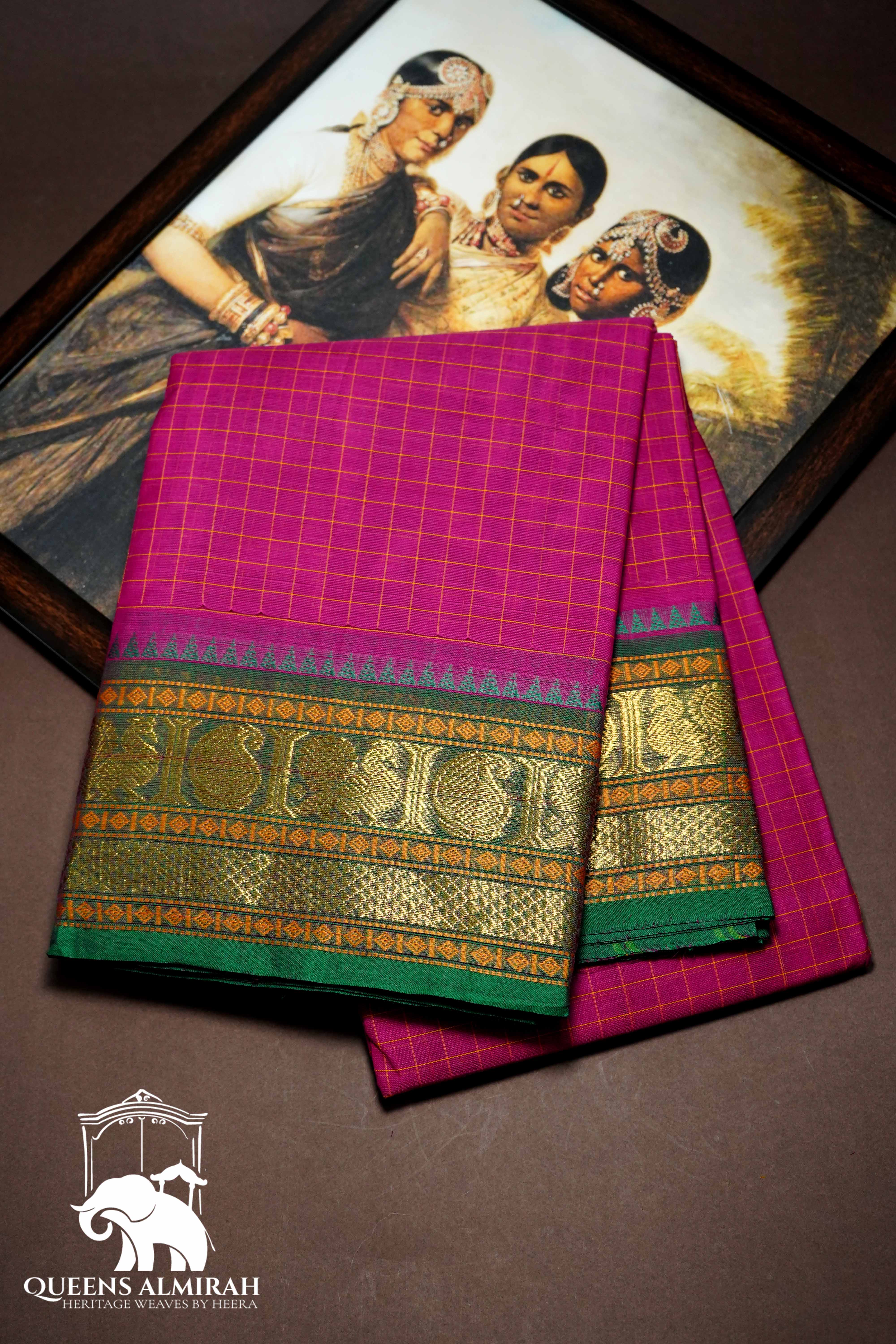 BURNT PINK WITH SEA GREEN KANCHI COTTON SAREE - Queens Jewel Emporium
