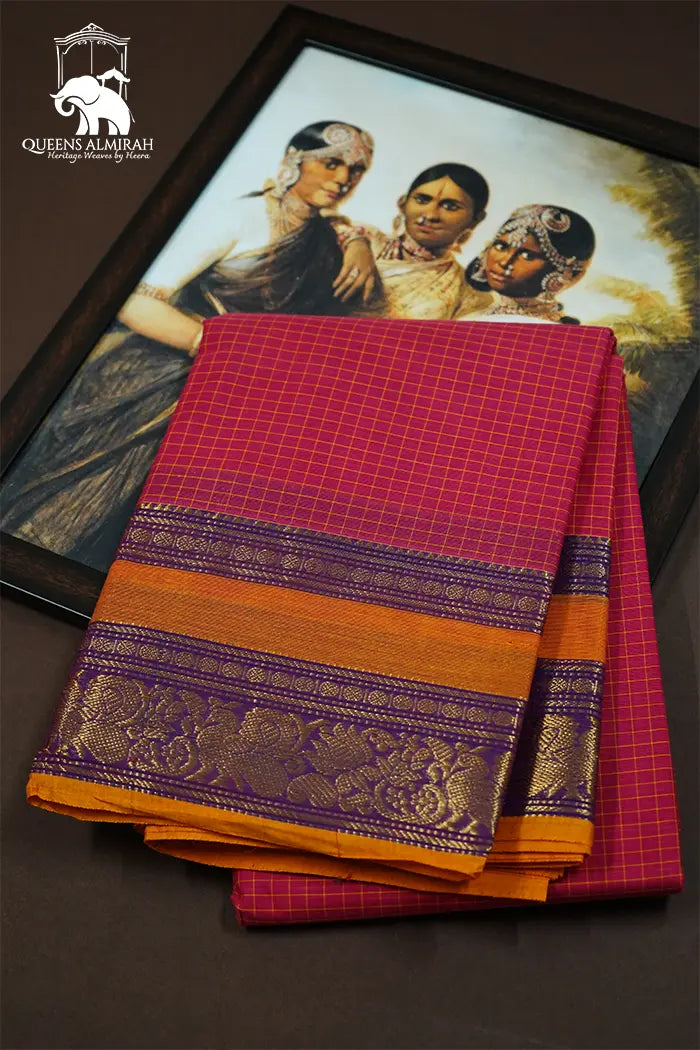 BURNT PINK WITH YELLOW GOLDEN BORDER KANCHI COTTON SAREE - Queens Jewel Emporium