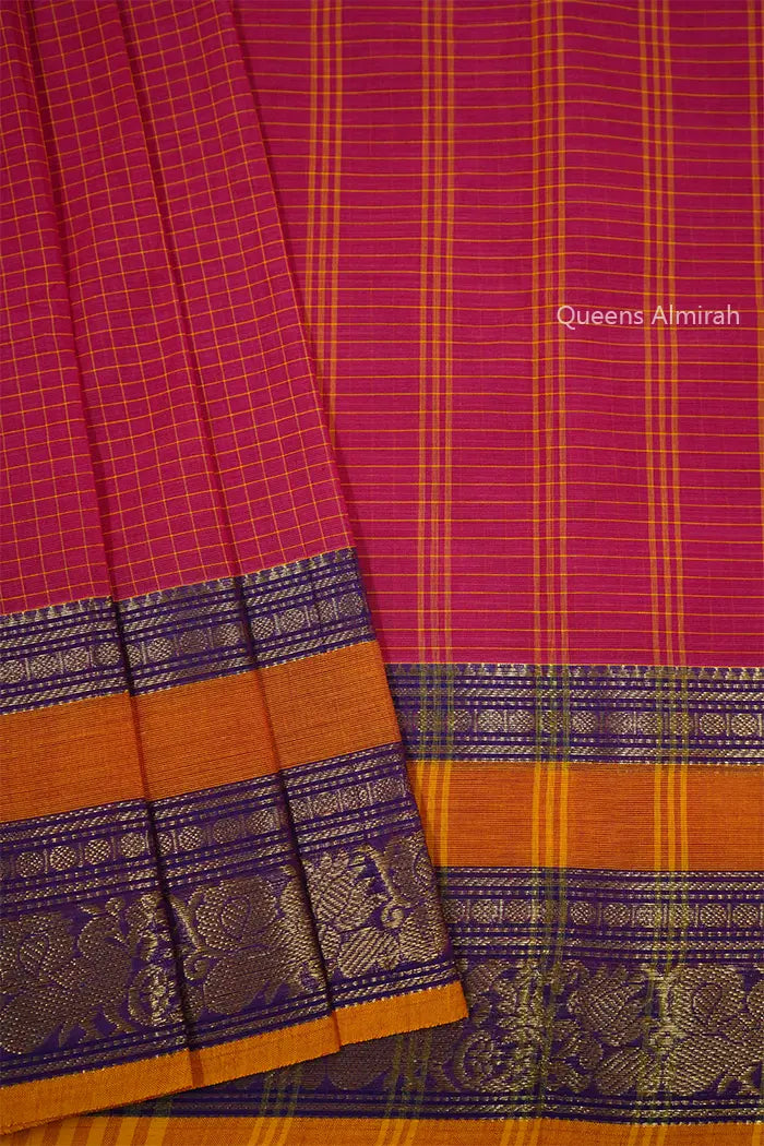 BURNT PINK WITH YELLOW GOLDEN BORDER KANCHI COTTON SAREE - Queens Jewel Emporium