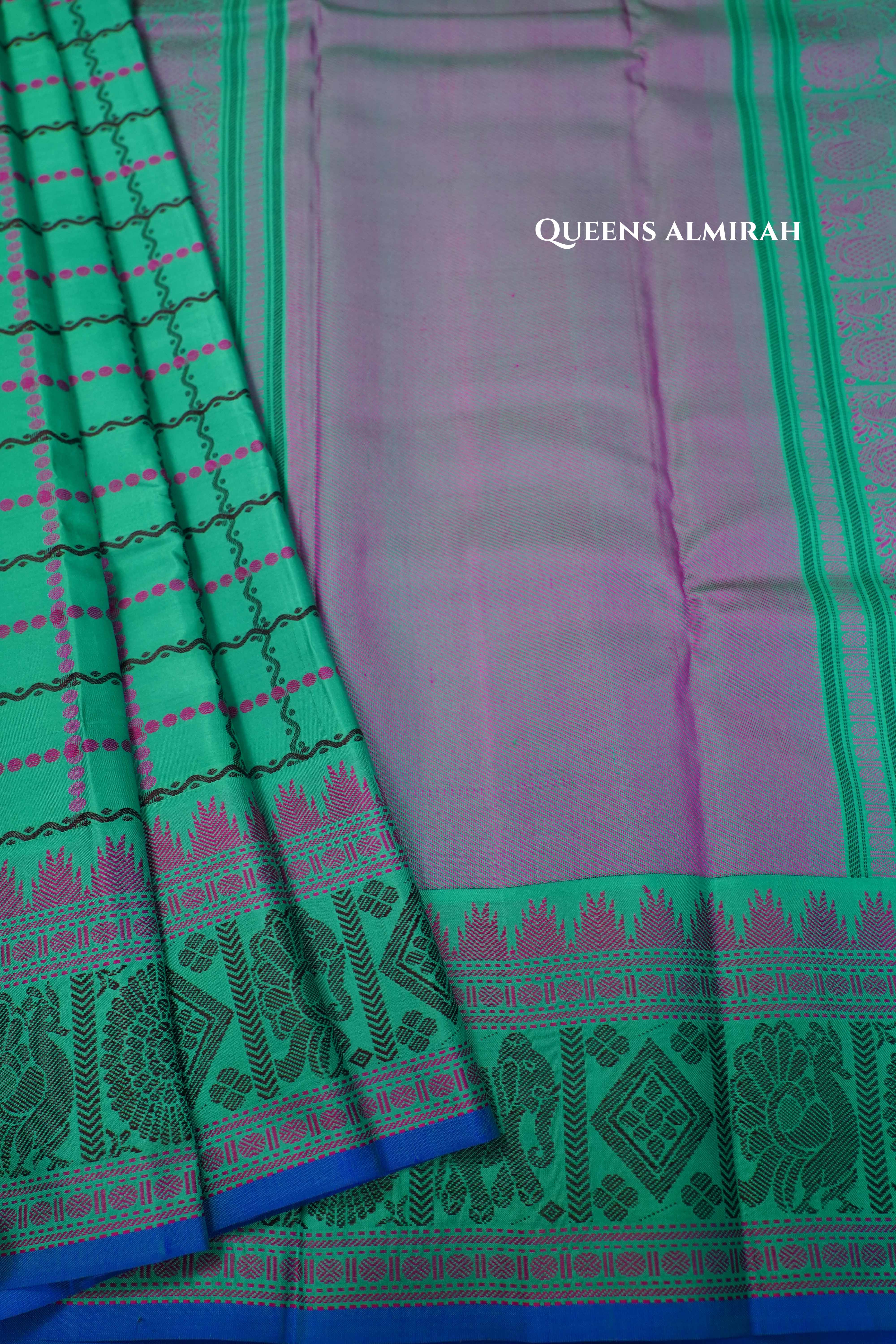 Blue Green Pure Kanchivaram Silk Saree QUEENS ALMIRAH