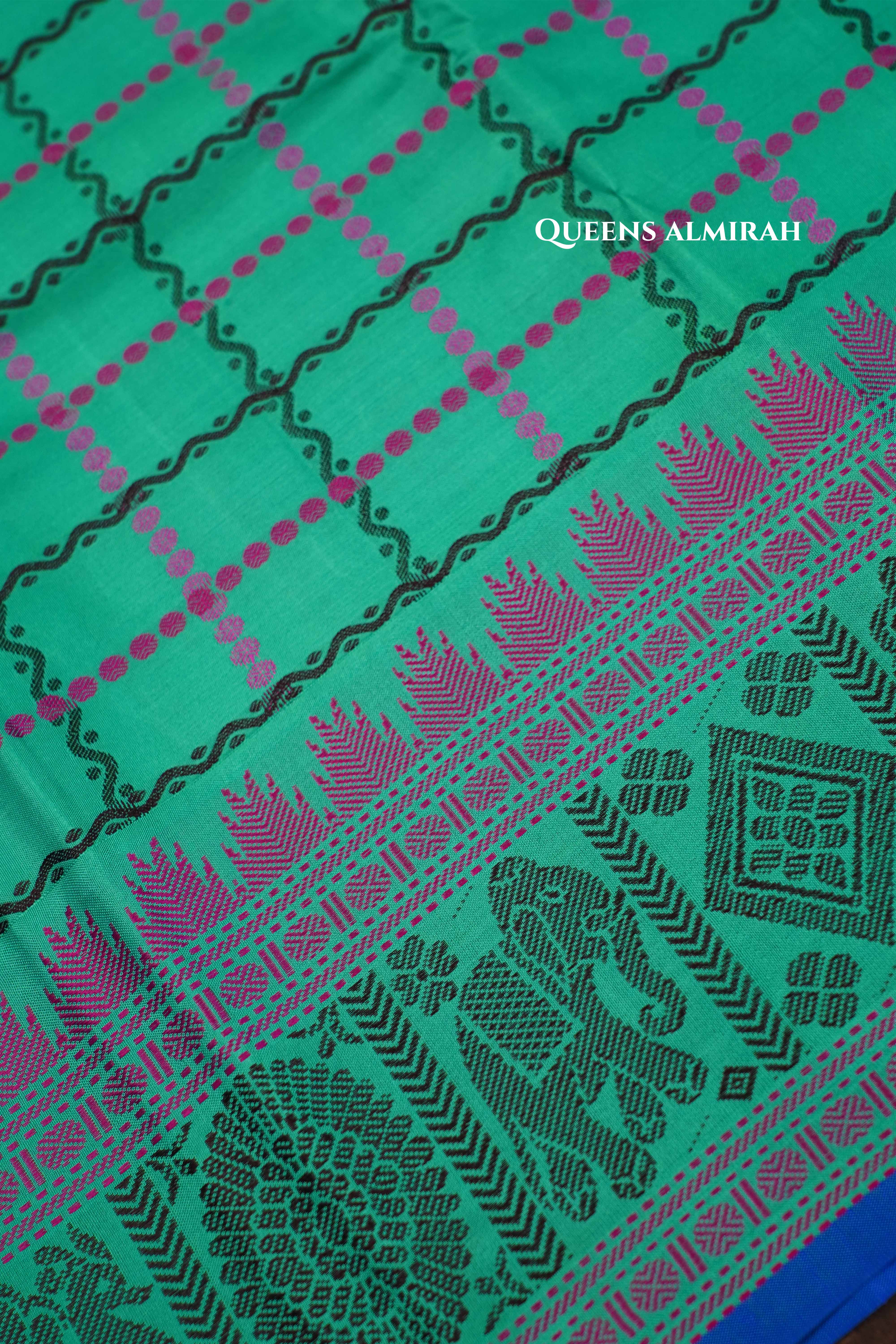 Blue Green Pure Kanchivaram Silk Saree QUEENS ALMIRAH