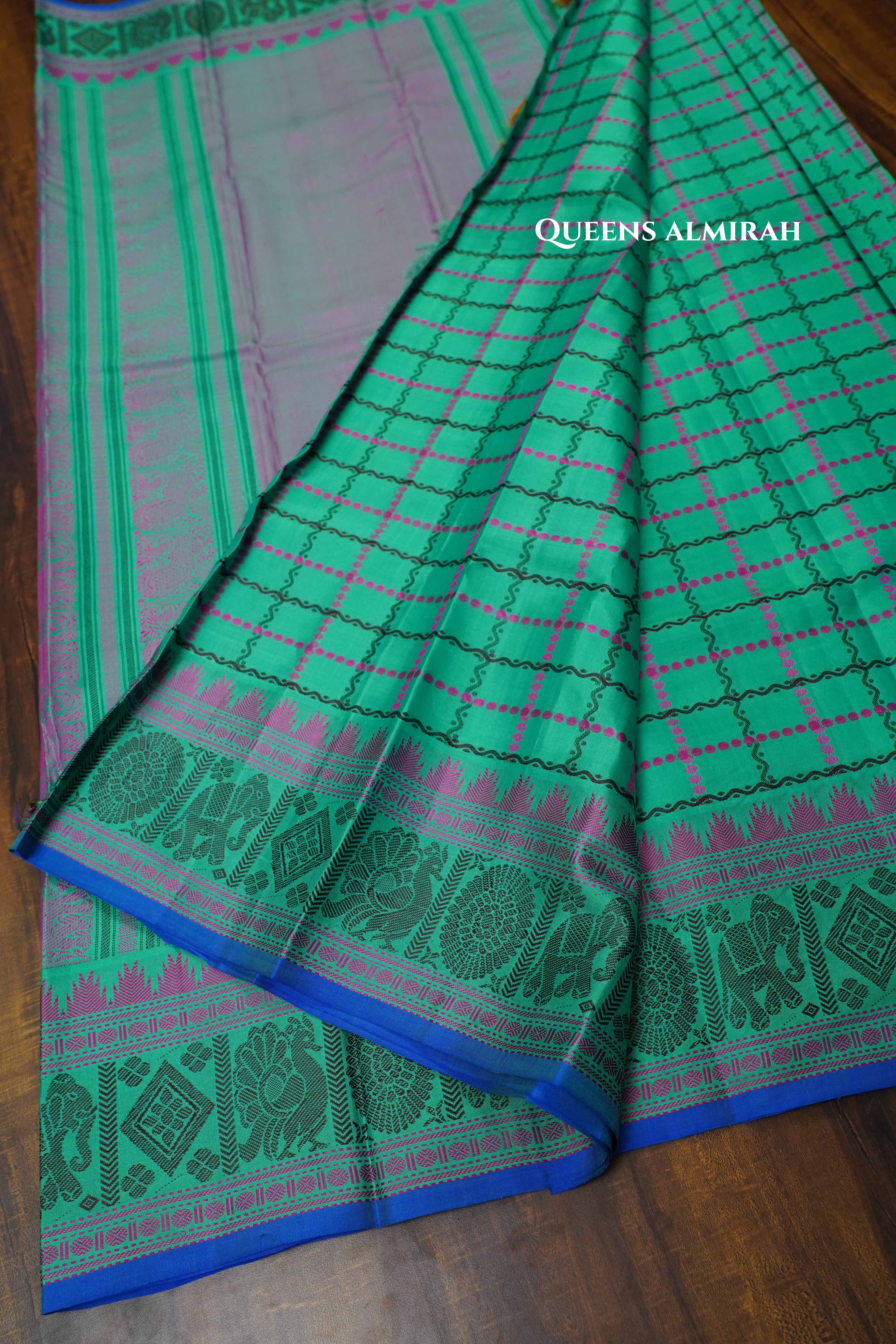Blue Green Pure Kanchivaram Silk Saree QUEENS ALMIRAH