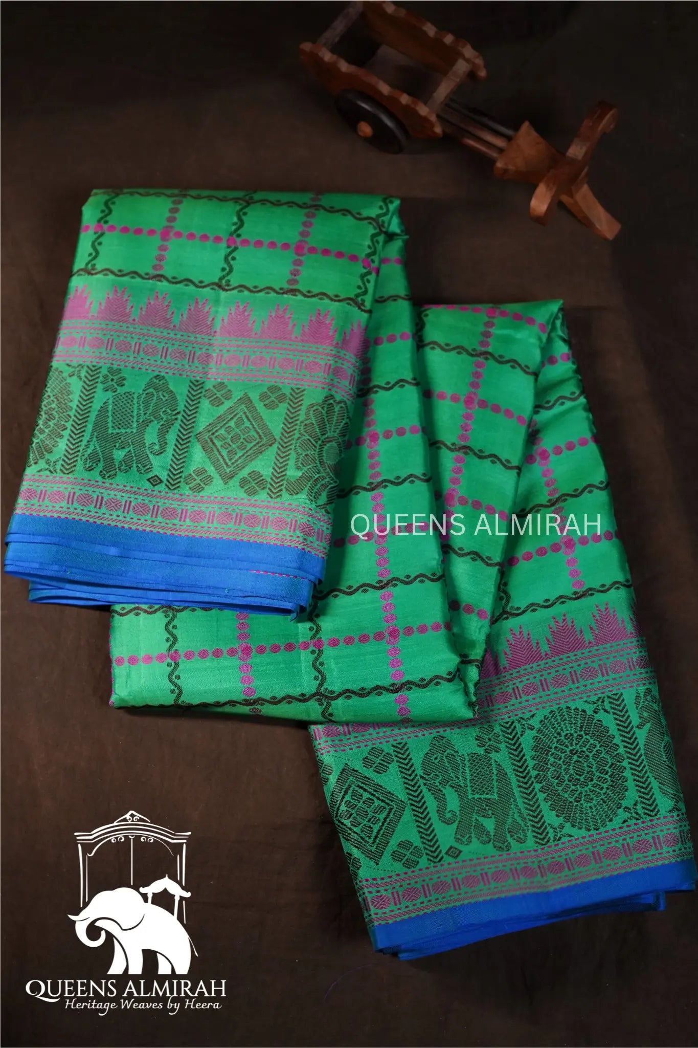 Blue Green Pure Kanchivaram Silk Saree QUEENS ALMIRAH