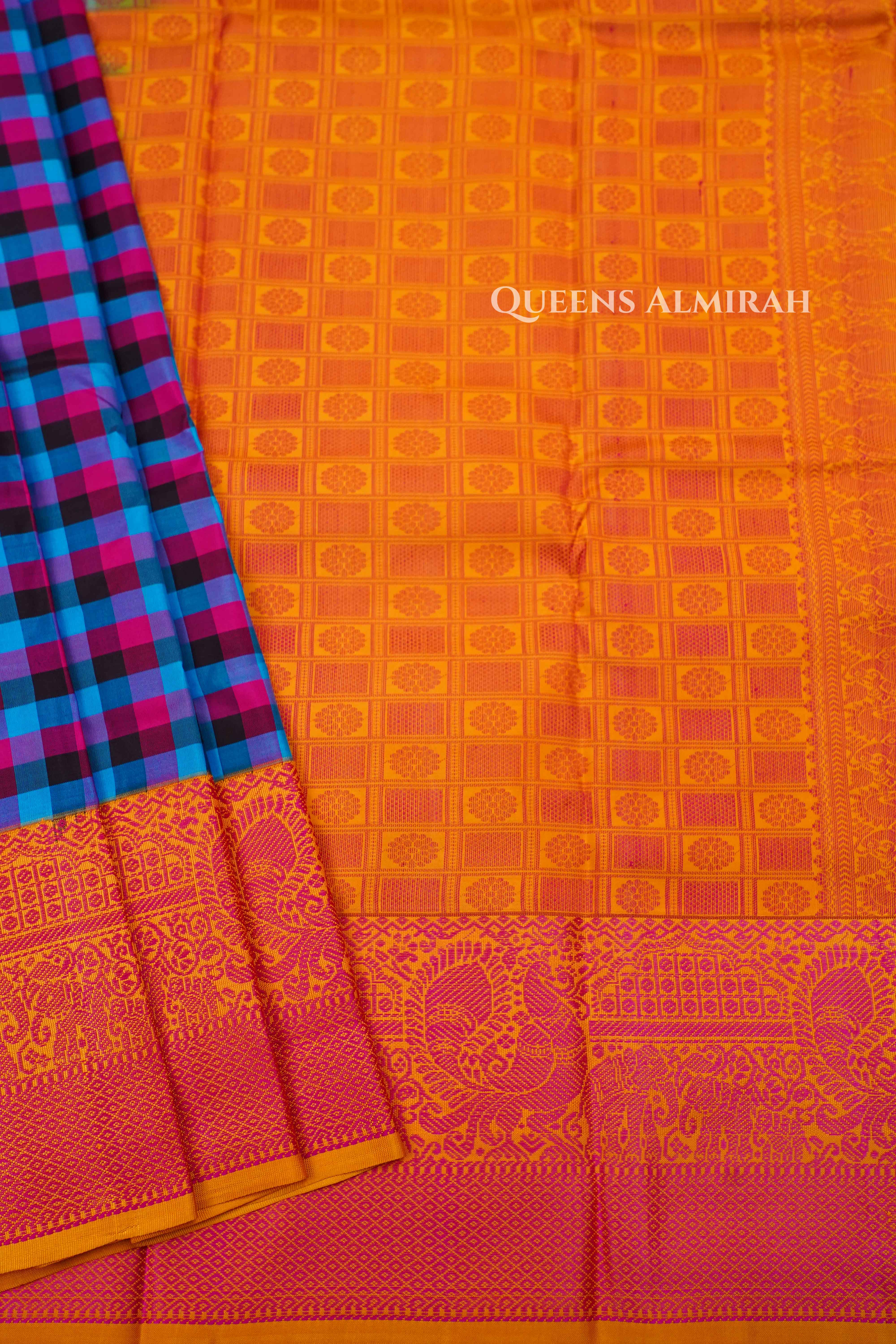 Blue With Pink Checked Kuravanji Silk Saree QUEENS ALMIRAH