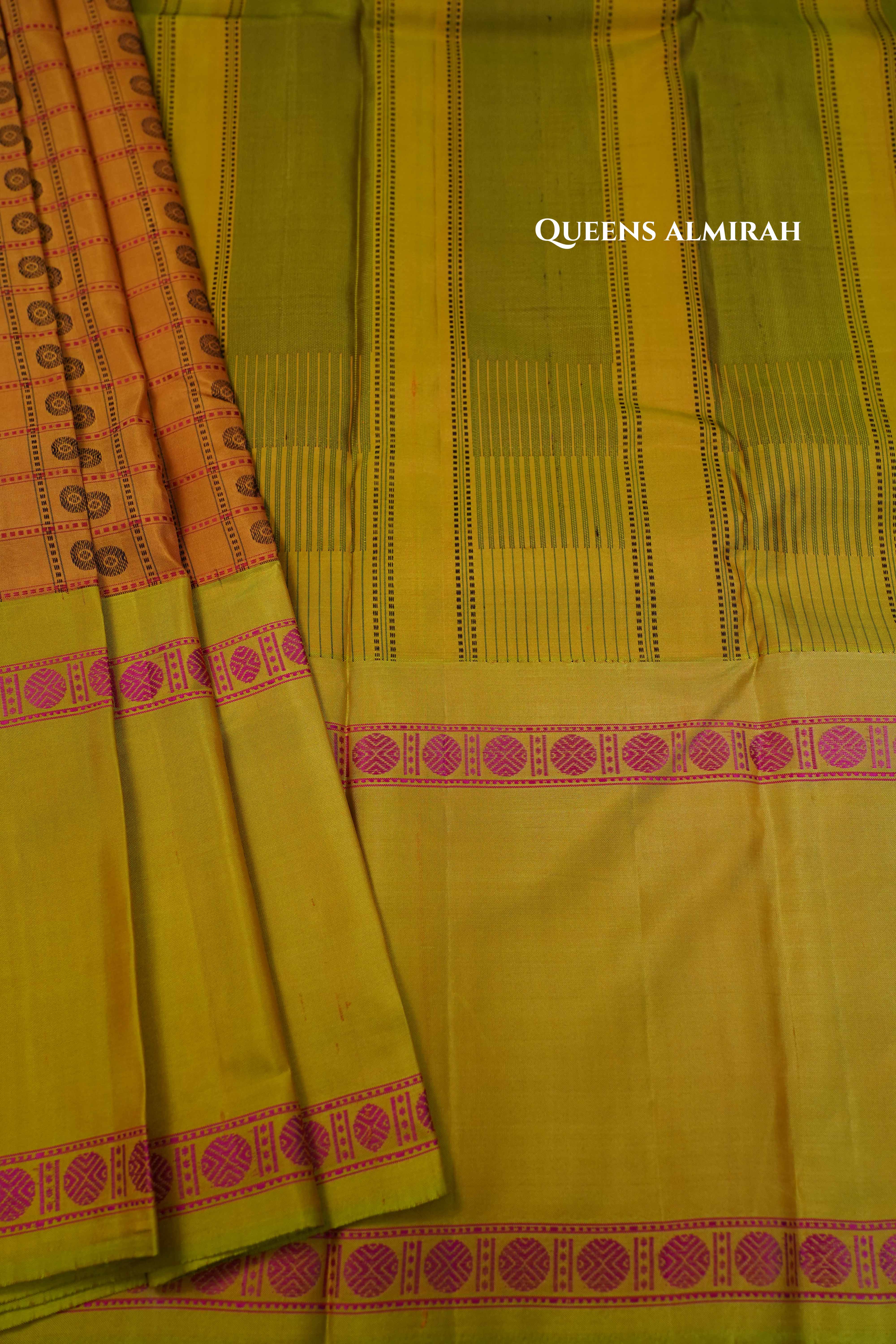 Brown With Mehndi Green Pure Kanchivaram Silk Saree QUEENS ALMIRAH