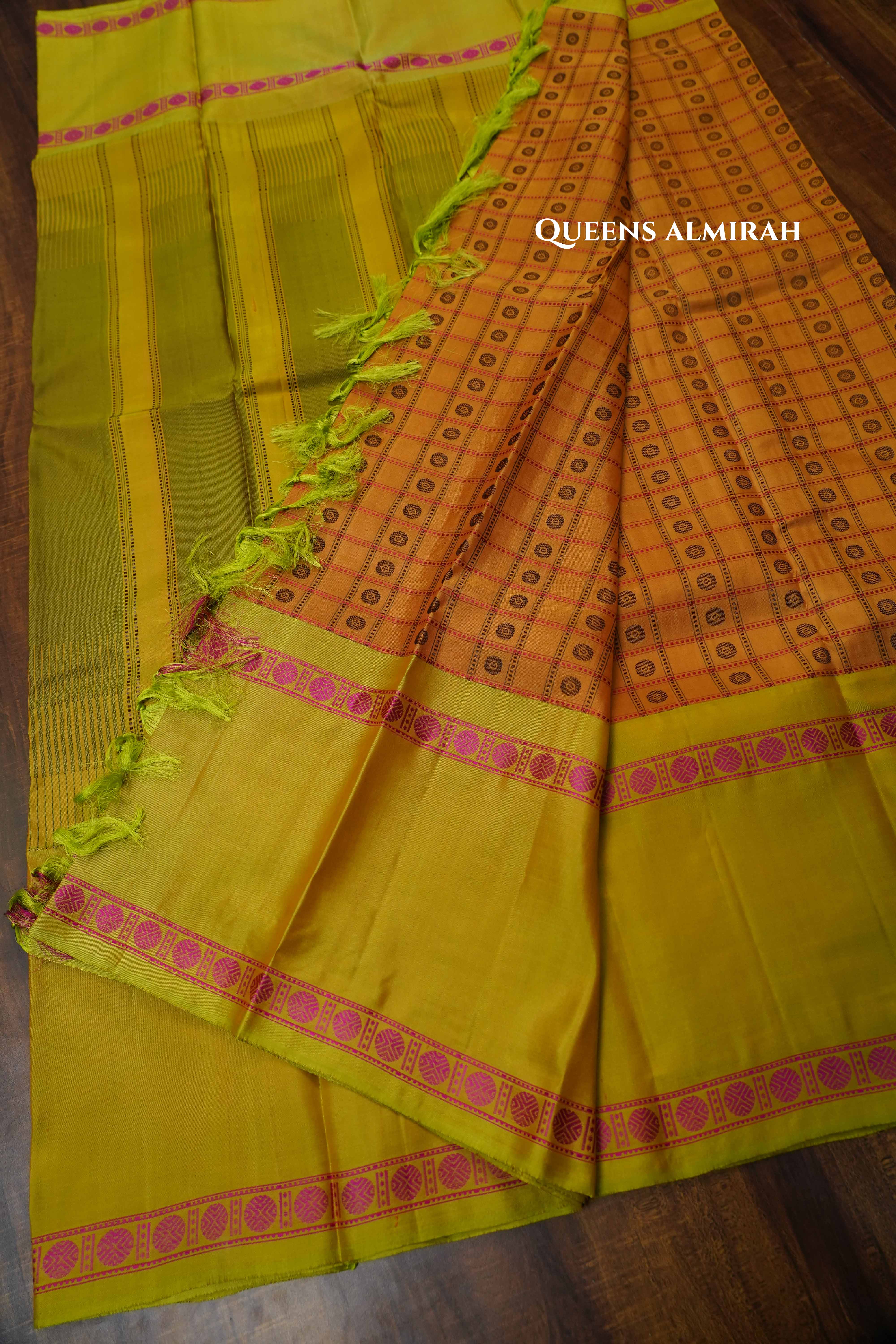 Brown With Mehndi Green Pure Kanchivaram Silk Saree QUEENS ALMIRAH