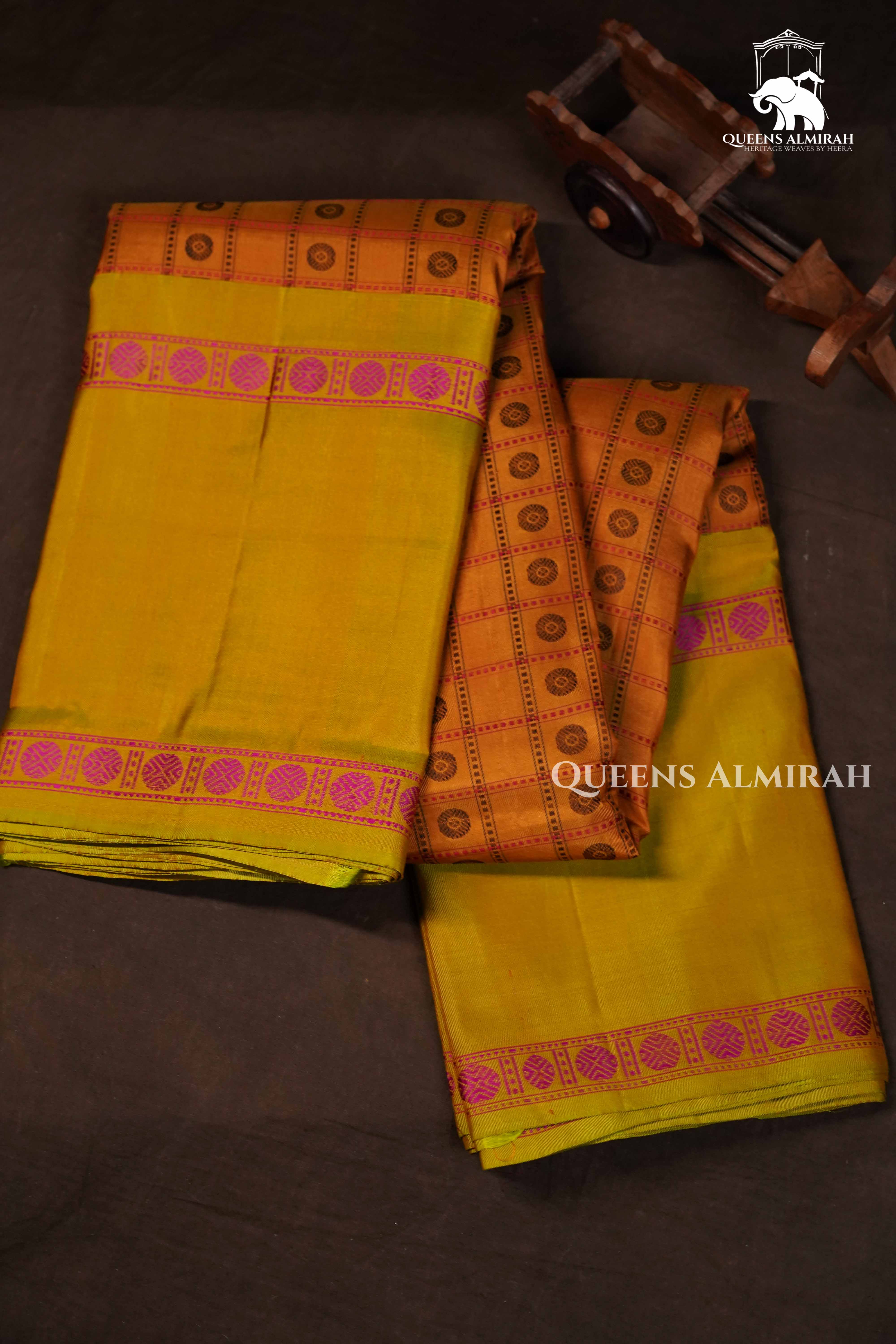 Brown With Mehndi Green Pure Kanchivaram Silk Saree QUEENS ALMIRAH