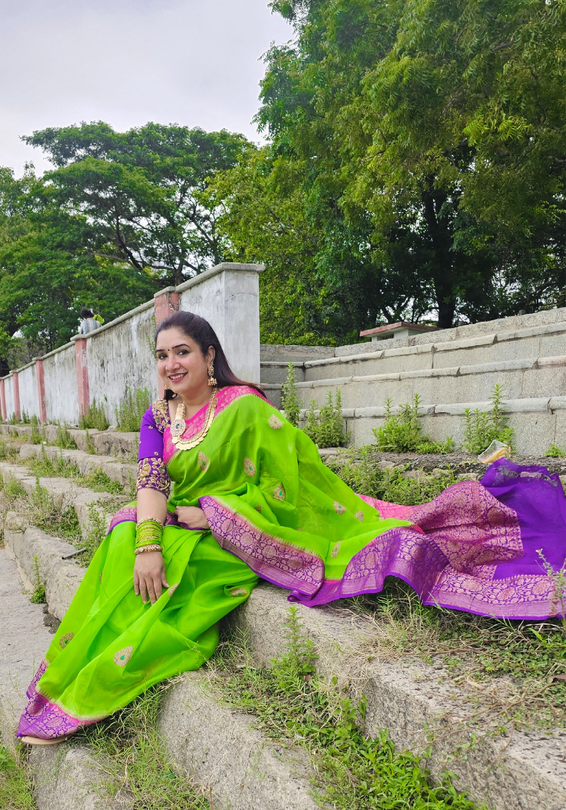 Green With Pink and Grape Purple Banarasi Organza Saree