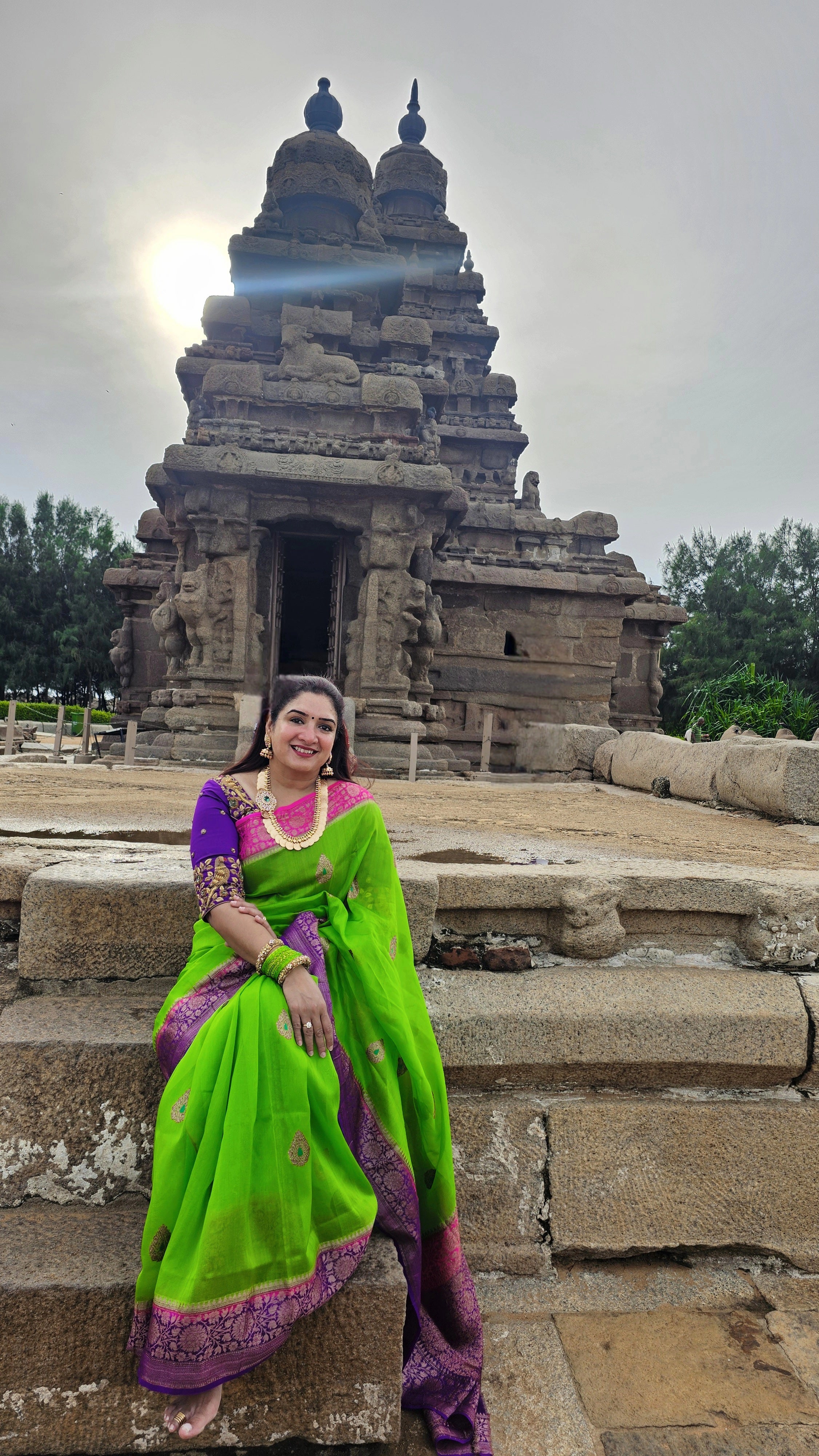 Green With Pink and Grape Purple Banarasi Organza Saree