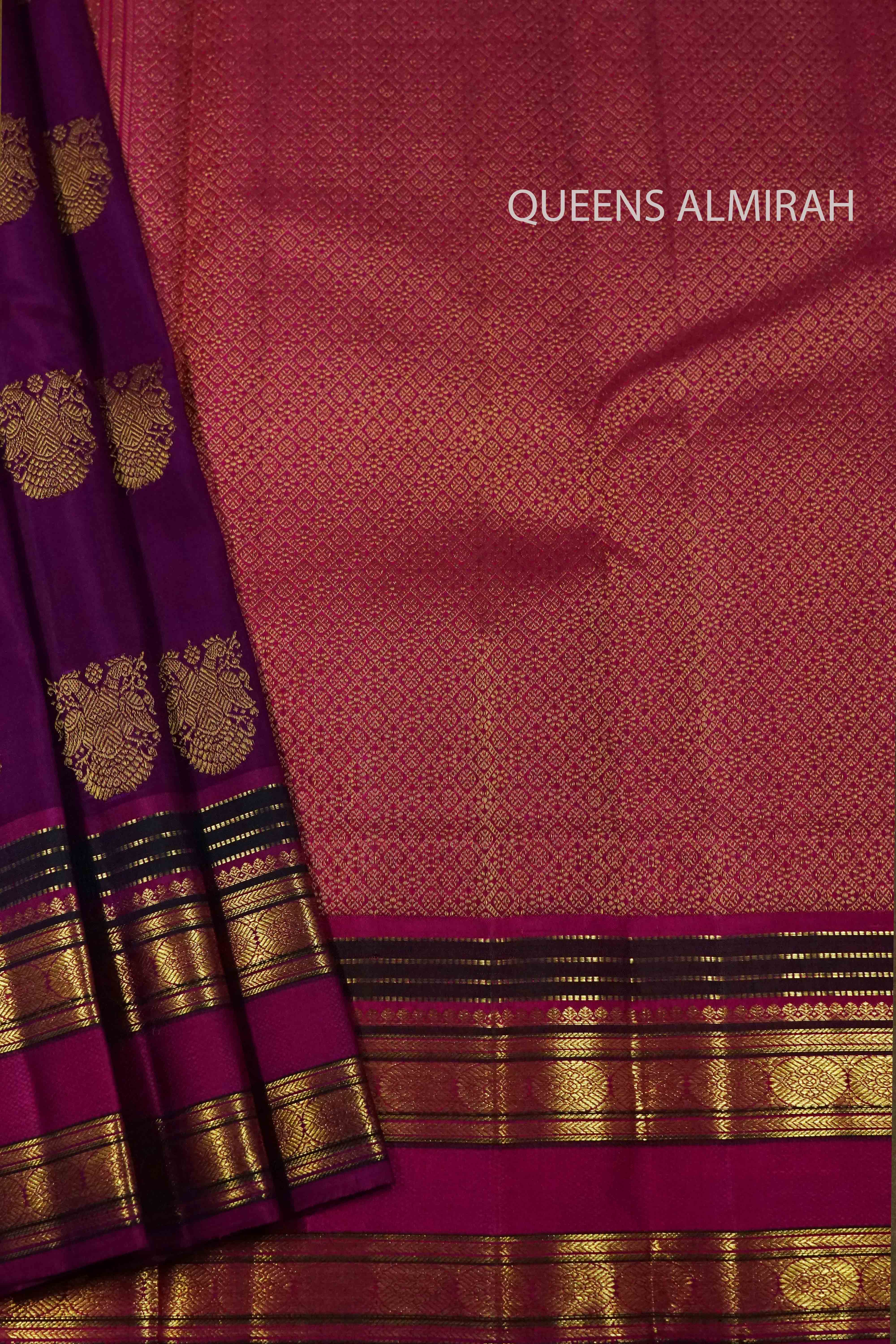 CABBAGE PURPLE WITH DRAGON PINK KANCHIVARAM SILK SAREE - Queens Jewel Emporium