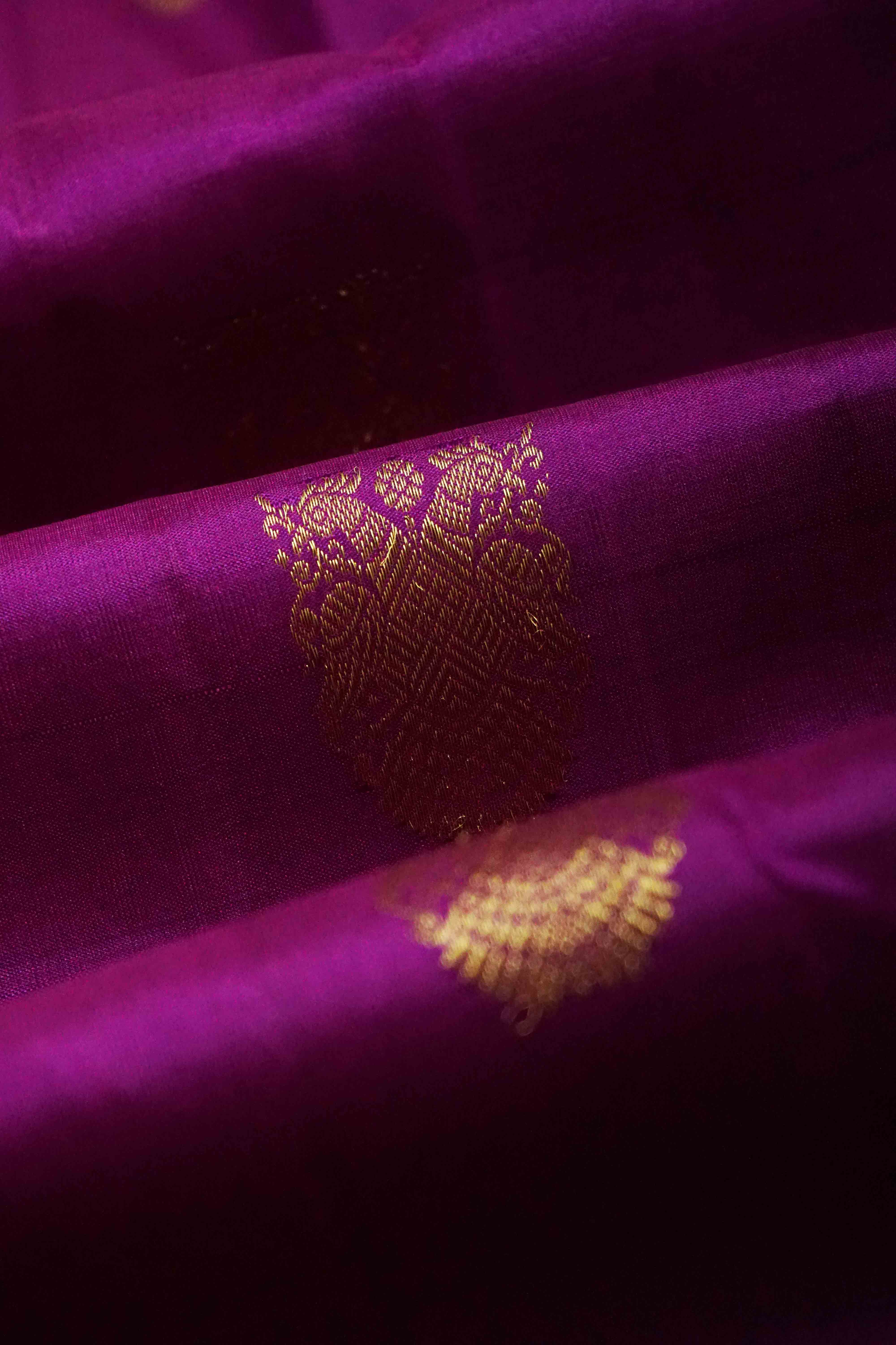 CABBAGE PURPLE WITH DRAGON PINK KANCHIVARAM SILK SAREE - Queens Jewel Emporium