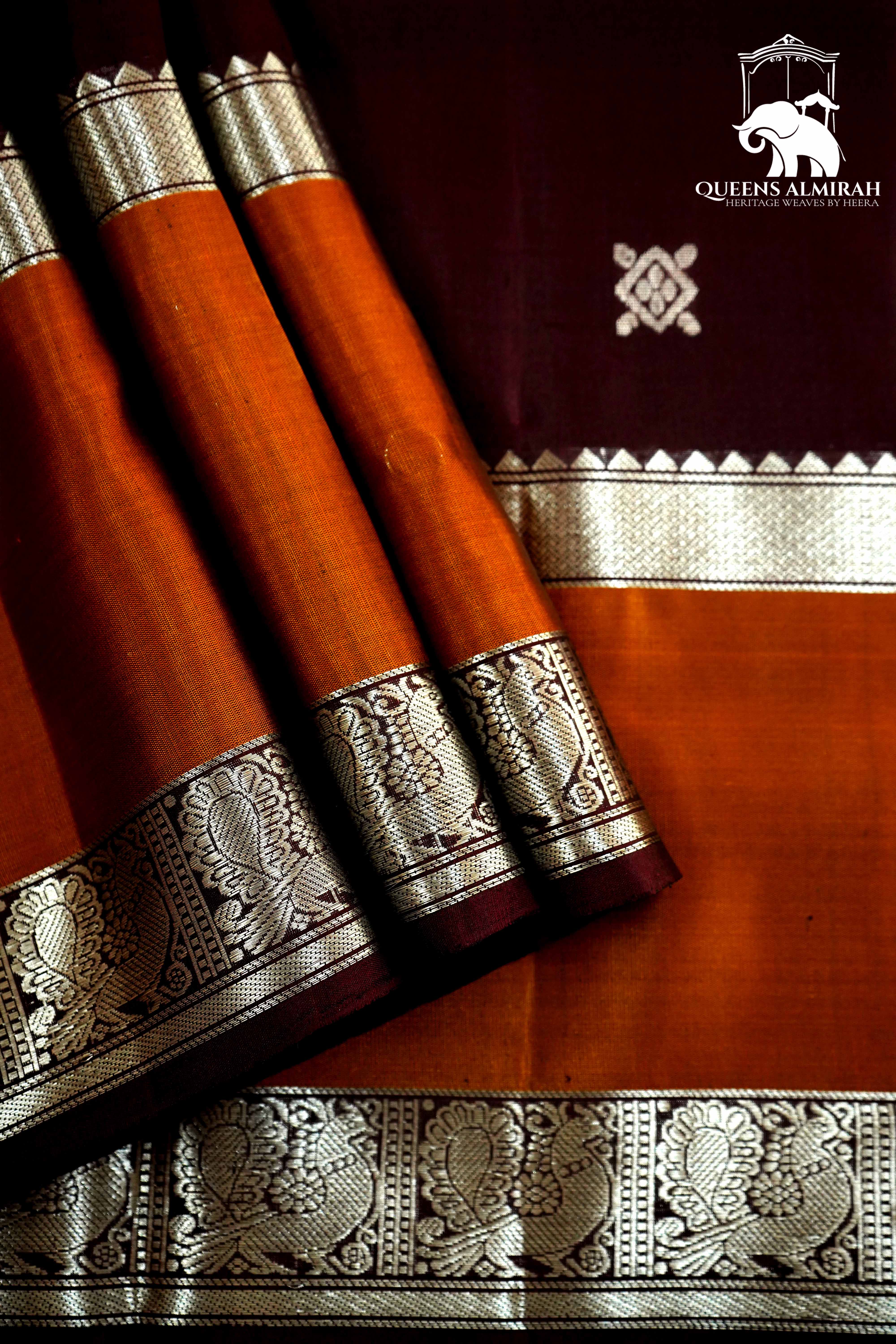 COFFEE BEAN BROWN WITH FIERY ORANGE SOFT SILK SAREE - Queens Jewel Emporium