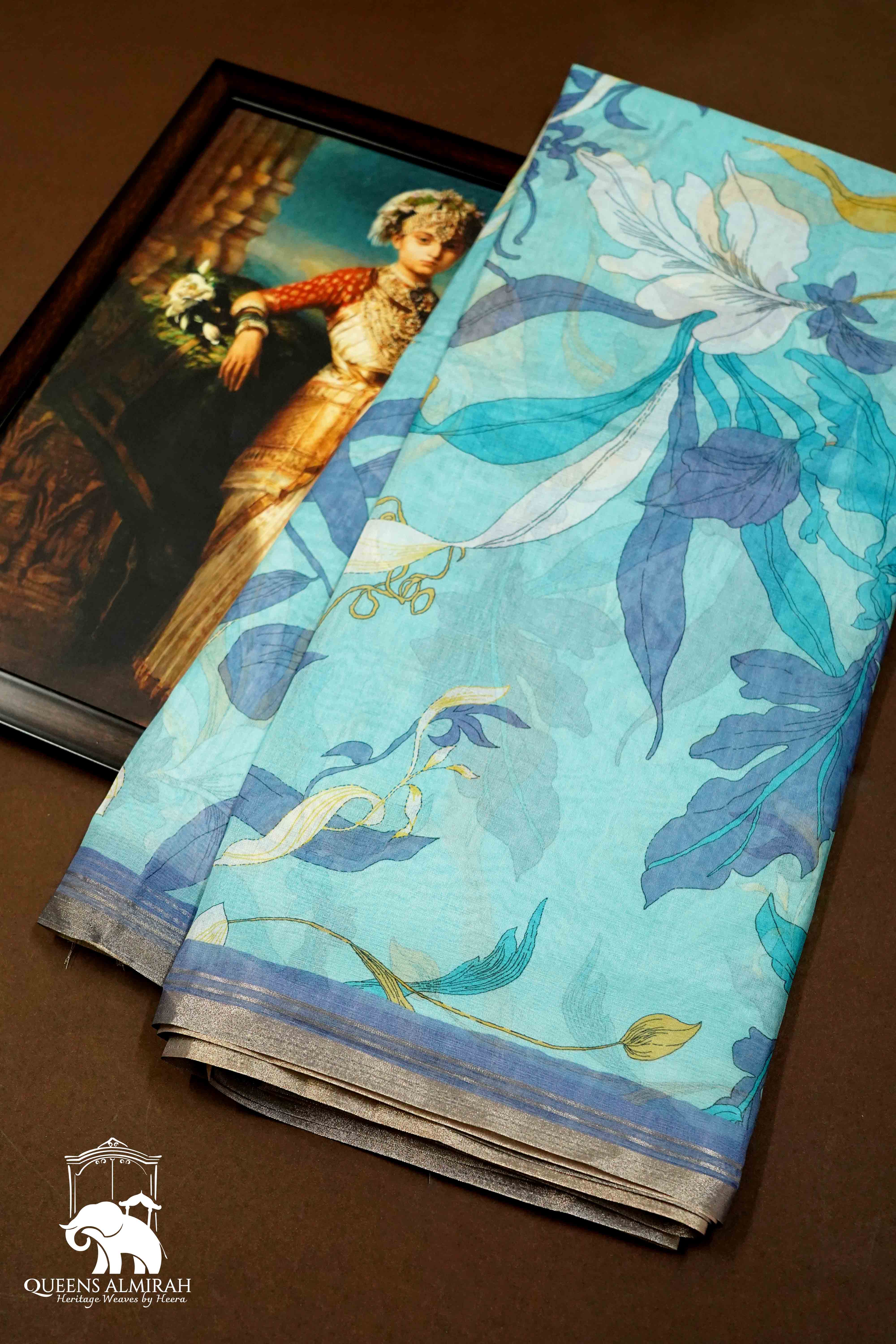 CORAL BLUE PRINTED ORGANZA SAREE - Queens Jewel Emporium