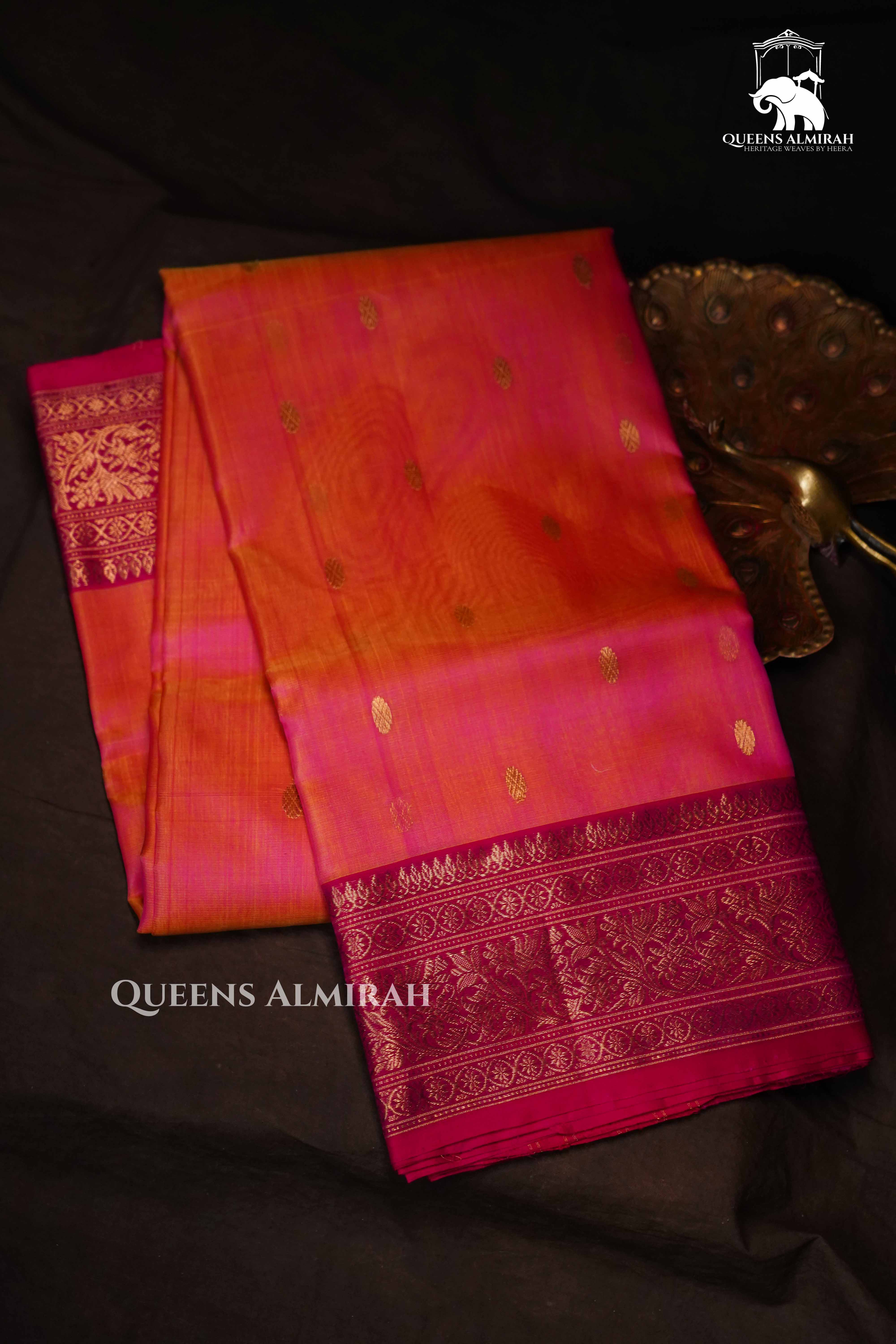 Carmine Pink Chanderi Katan Silk Handloom Saree QUEENS ALMIRAH