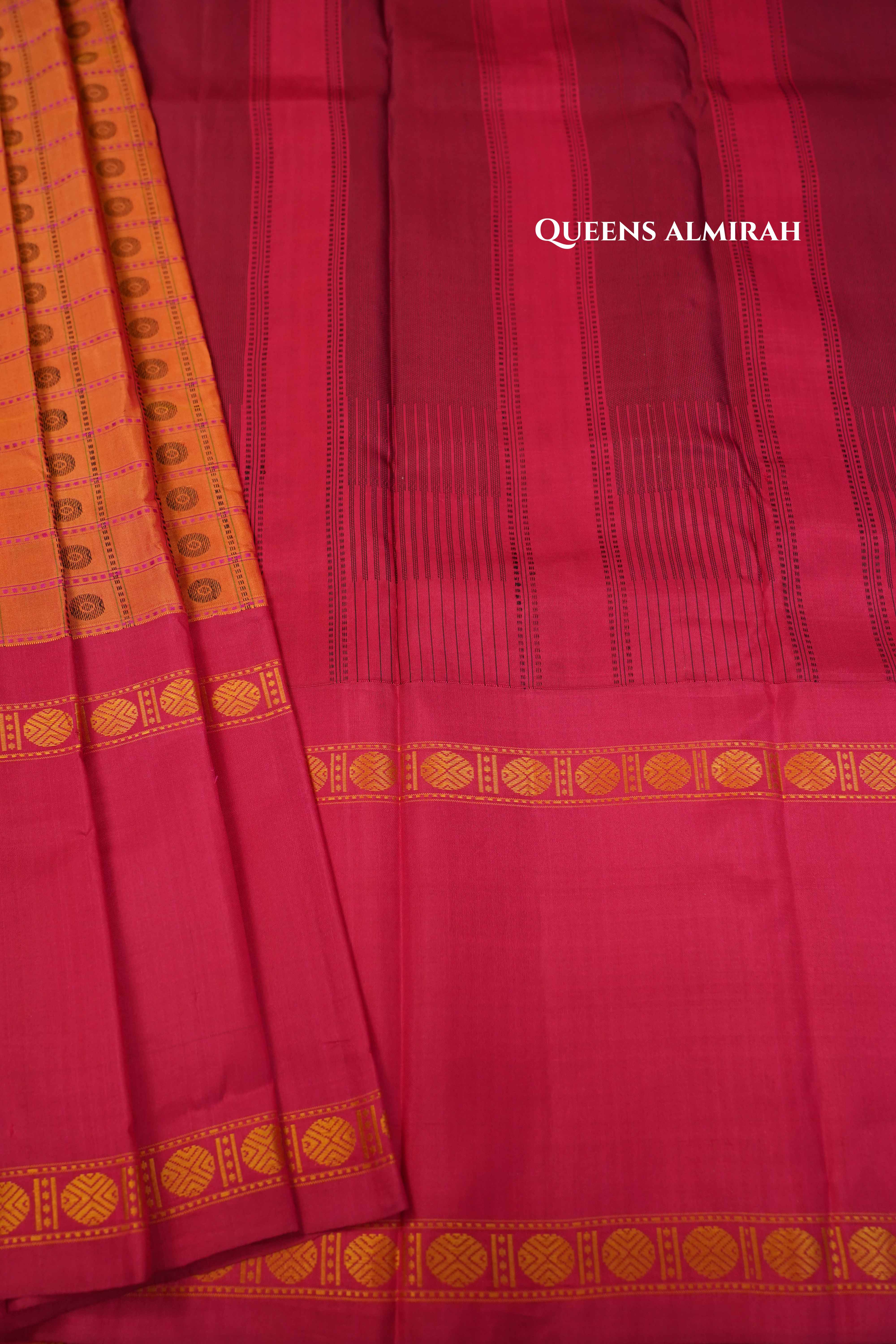 Coral Pink With Rani Pink Pure Kanchivaram Silk Saree QUEENS ALMIRAH