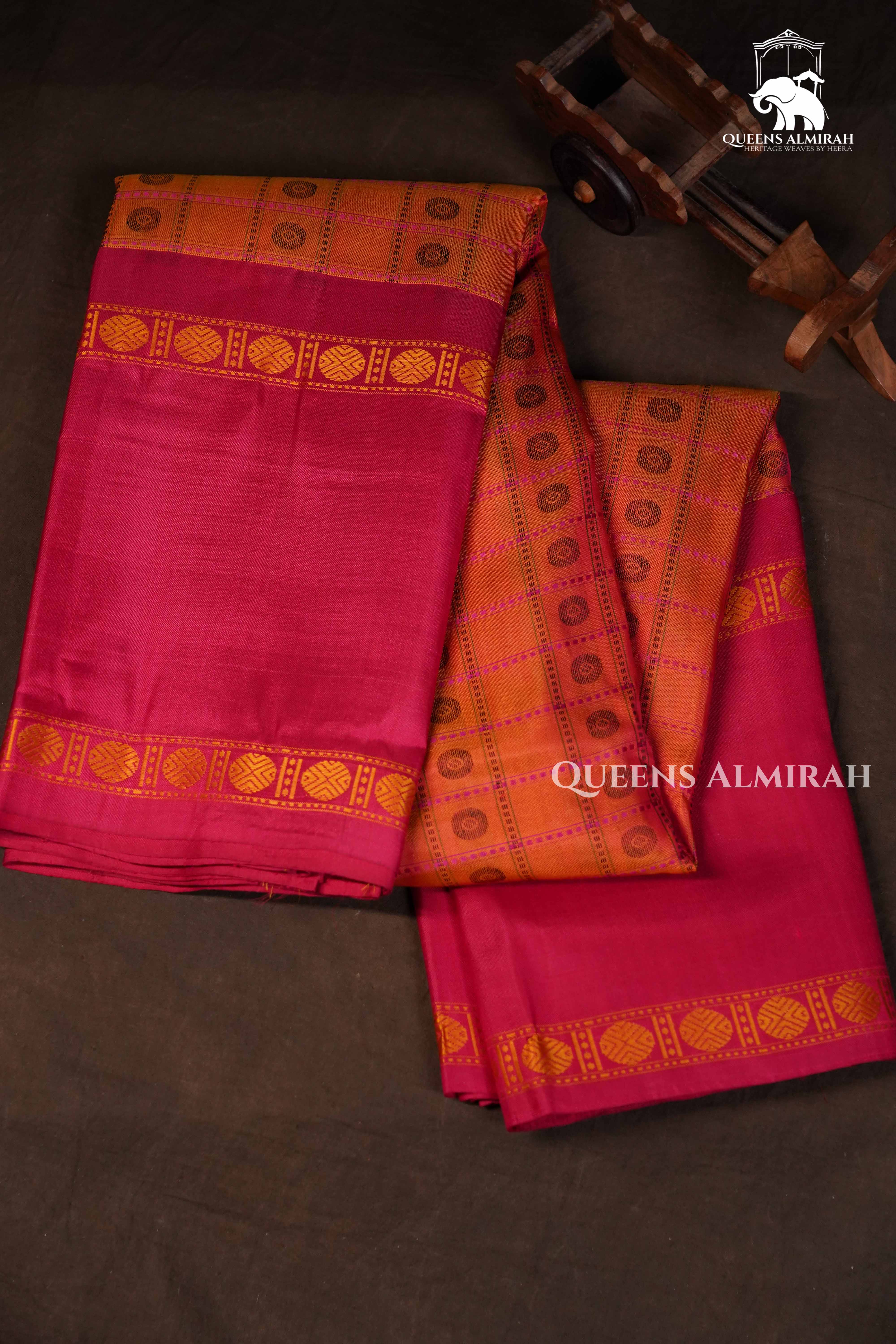 Coral Pink With Rani Pink Pure Kanchivaram Silk Saree QUEENS ALMIRAH