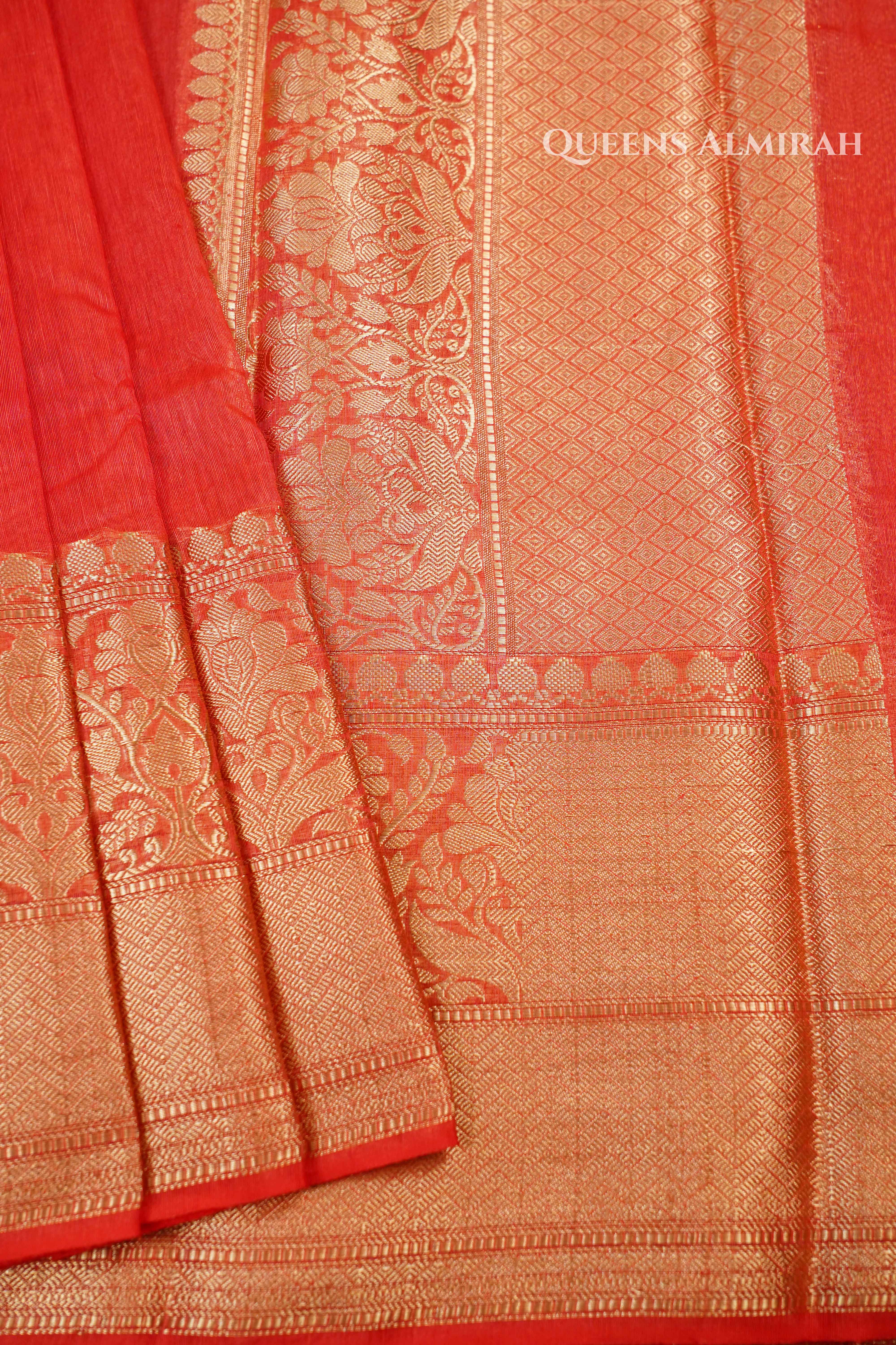 Coral Red Banarasi Linen Saree QUEENS ALMIRAH