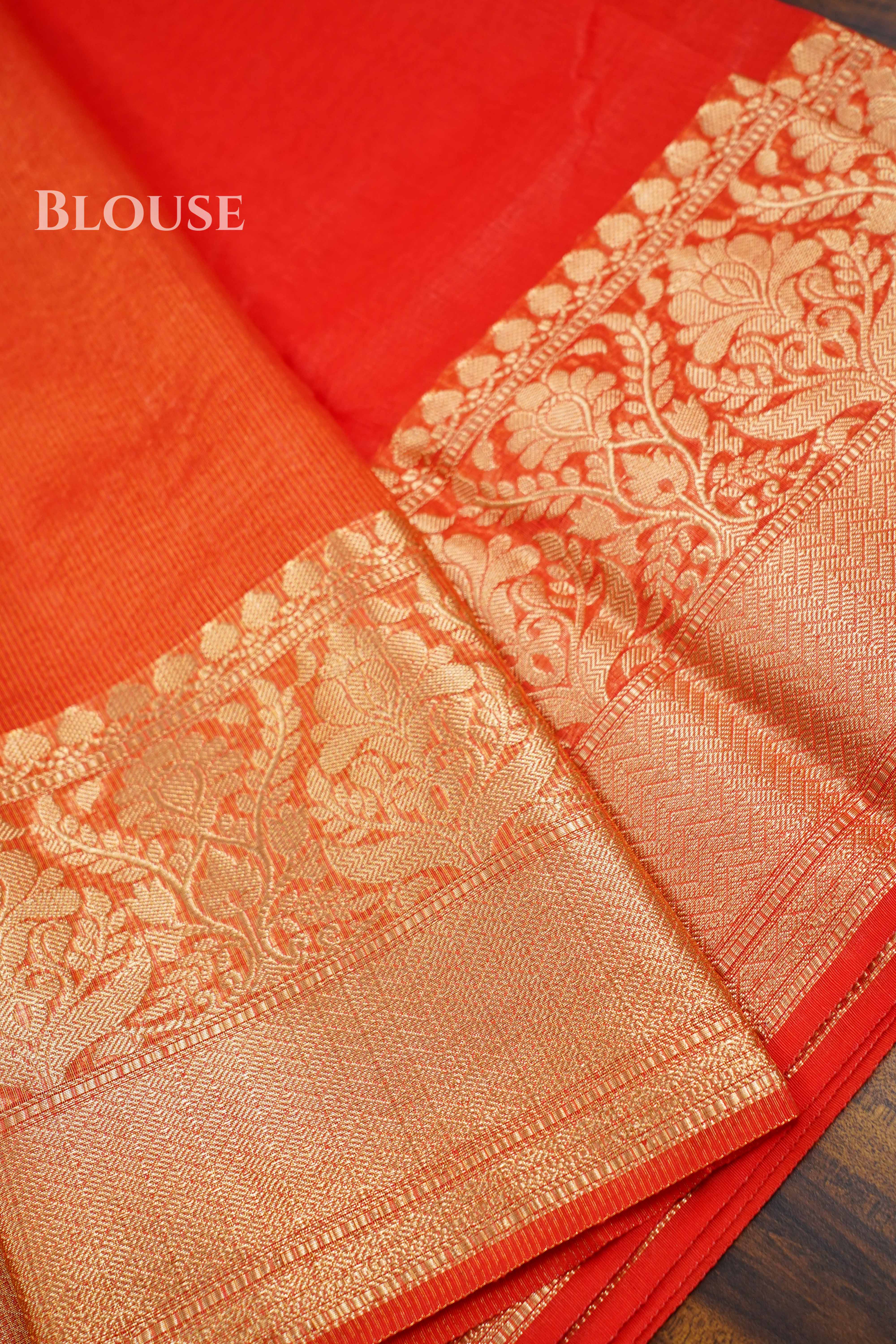 Coral Red Banarasi Linen Saree QUEENS ALMIRAH