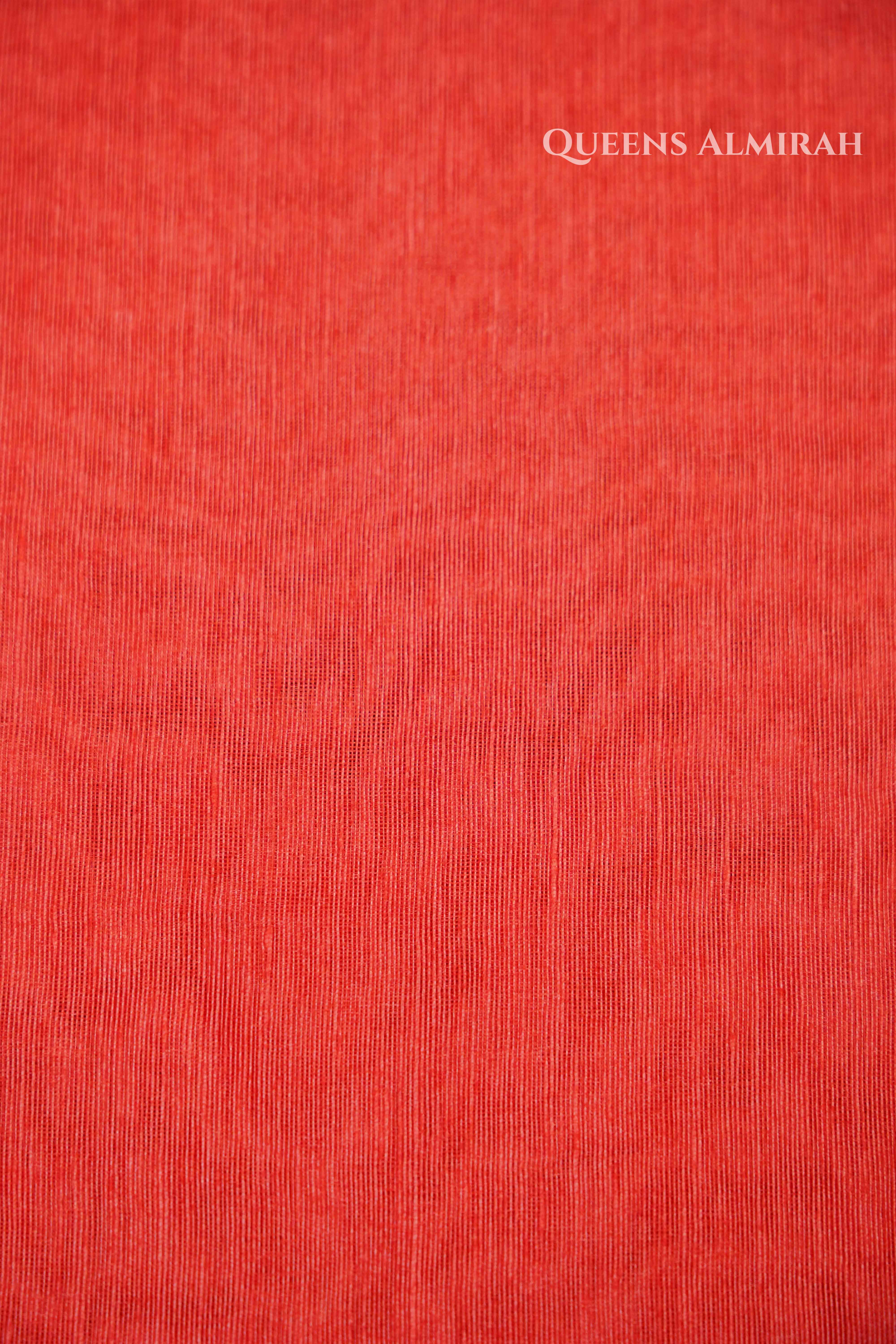 Coral Red Banarasi Linen Saree QUEENS ALMIRAH