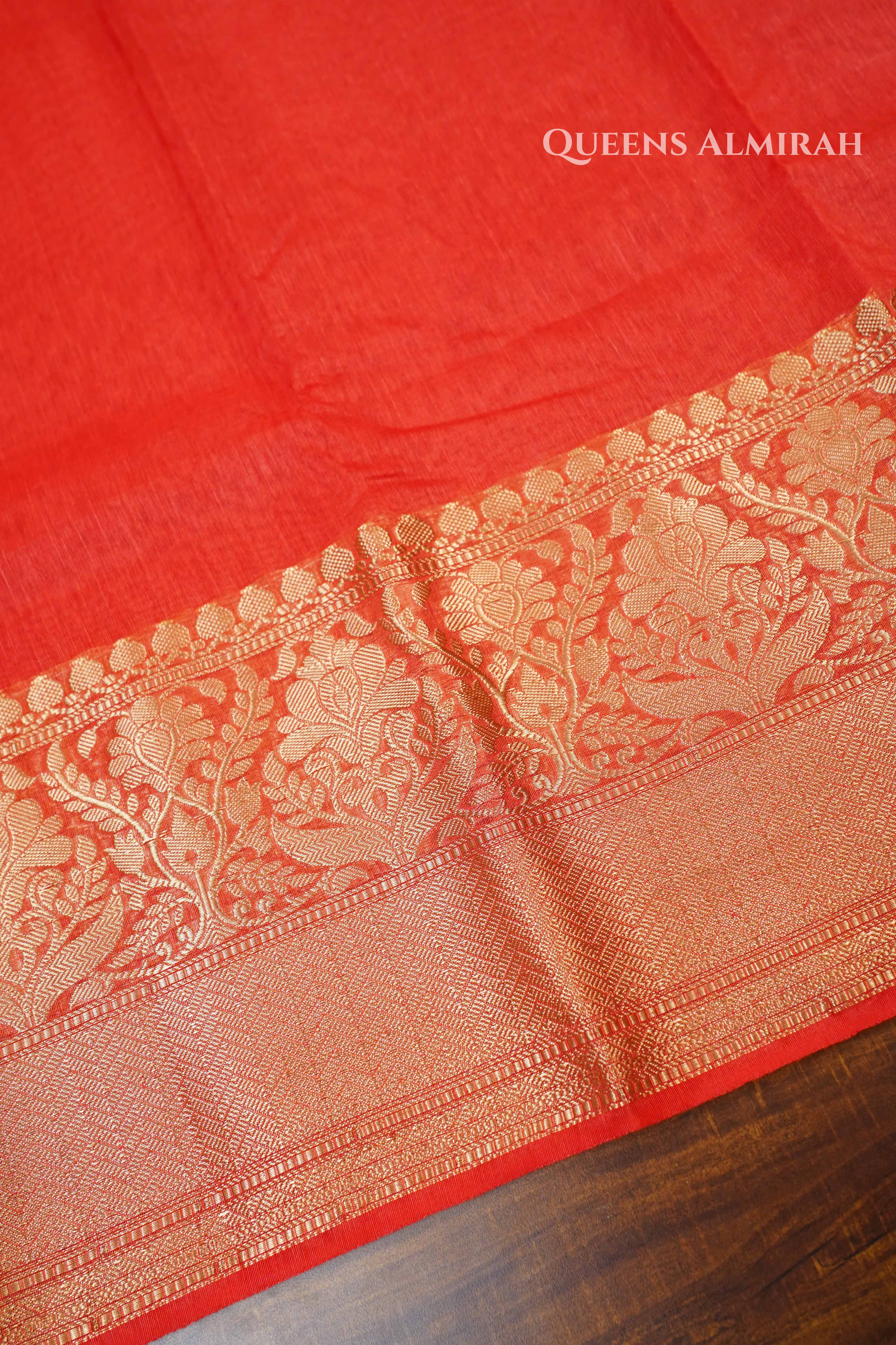 Coral Red Banarasi Linen Saree QUEENS ALMIRAH