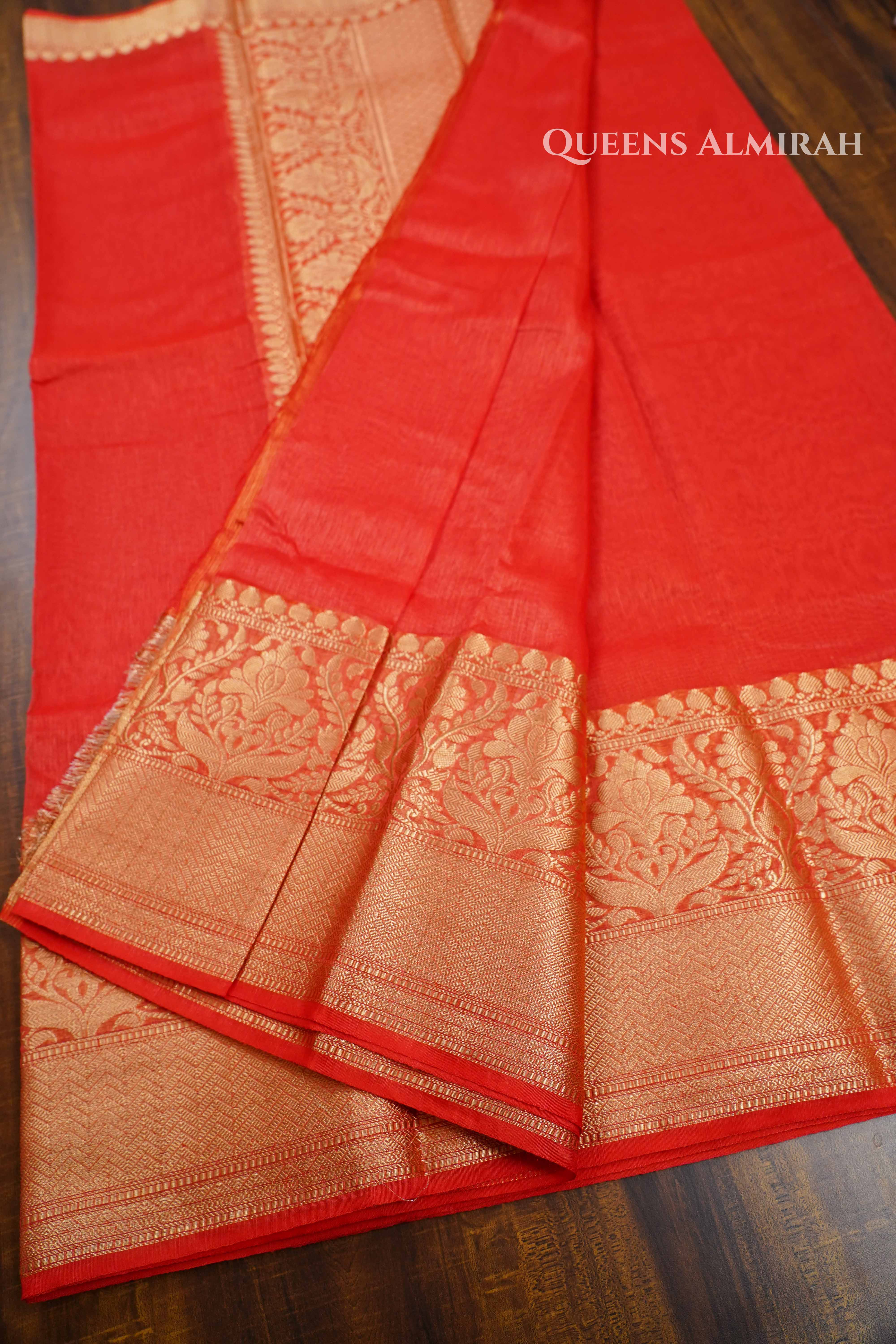 Coral Red Banarasi Linen Saree QUEENS ALMIRAH