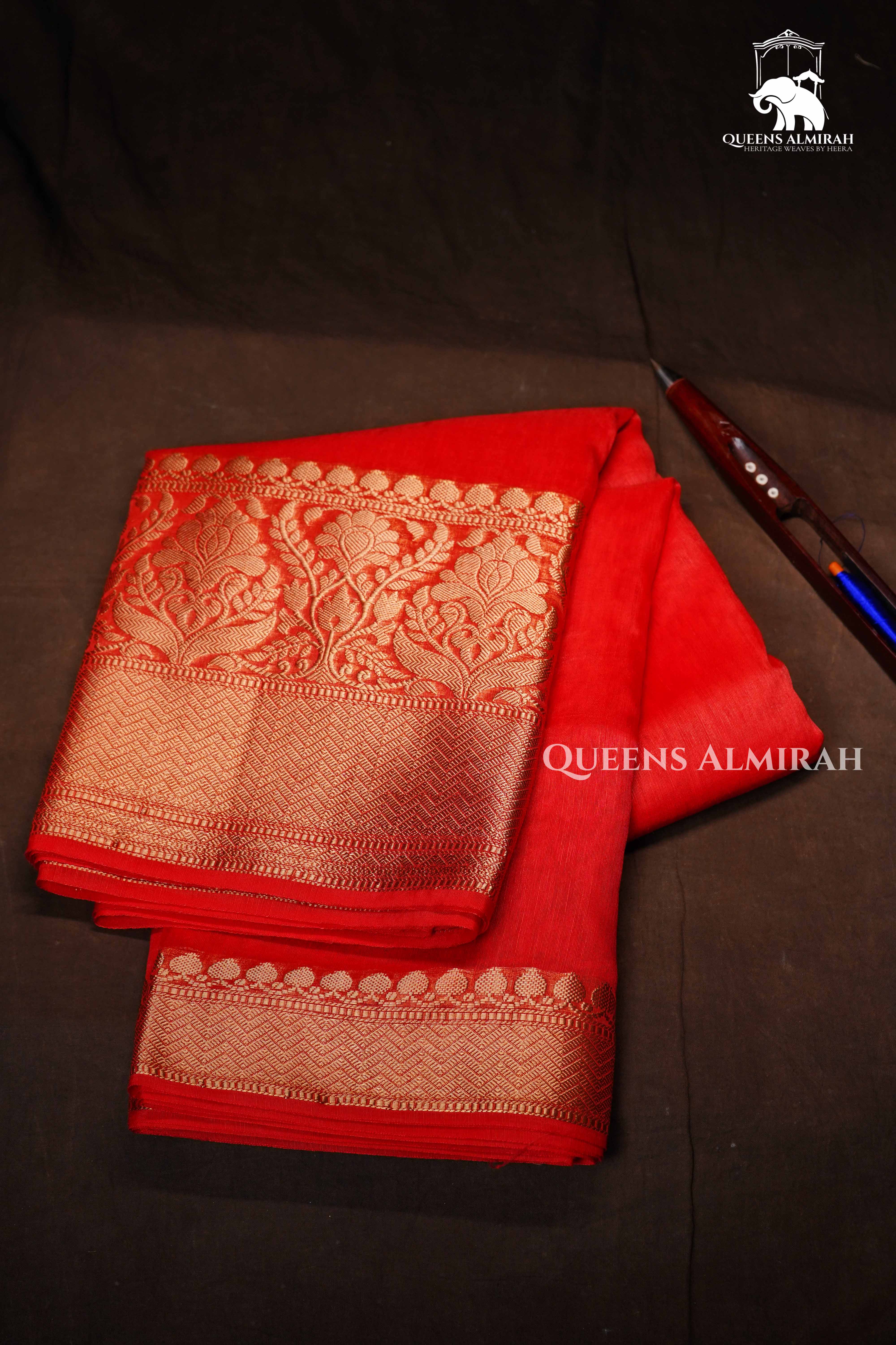 Coral Red Banarasi Linen Saree QUEENS ALMIRAH
