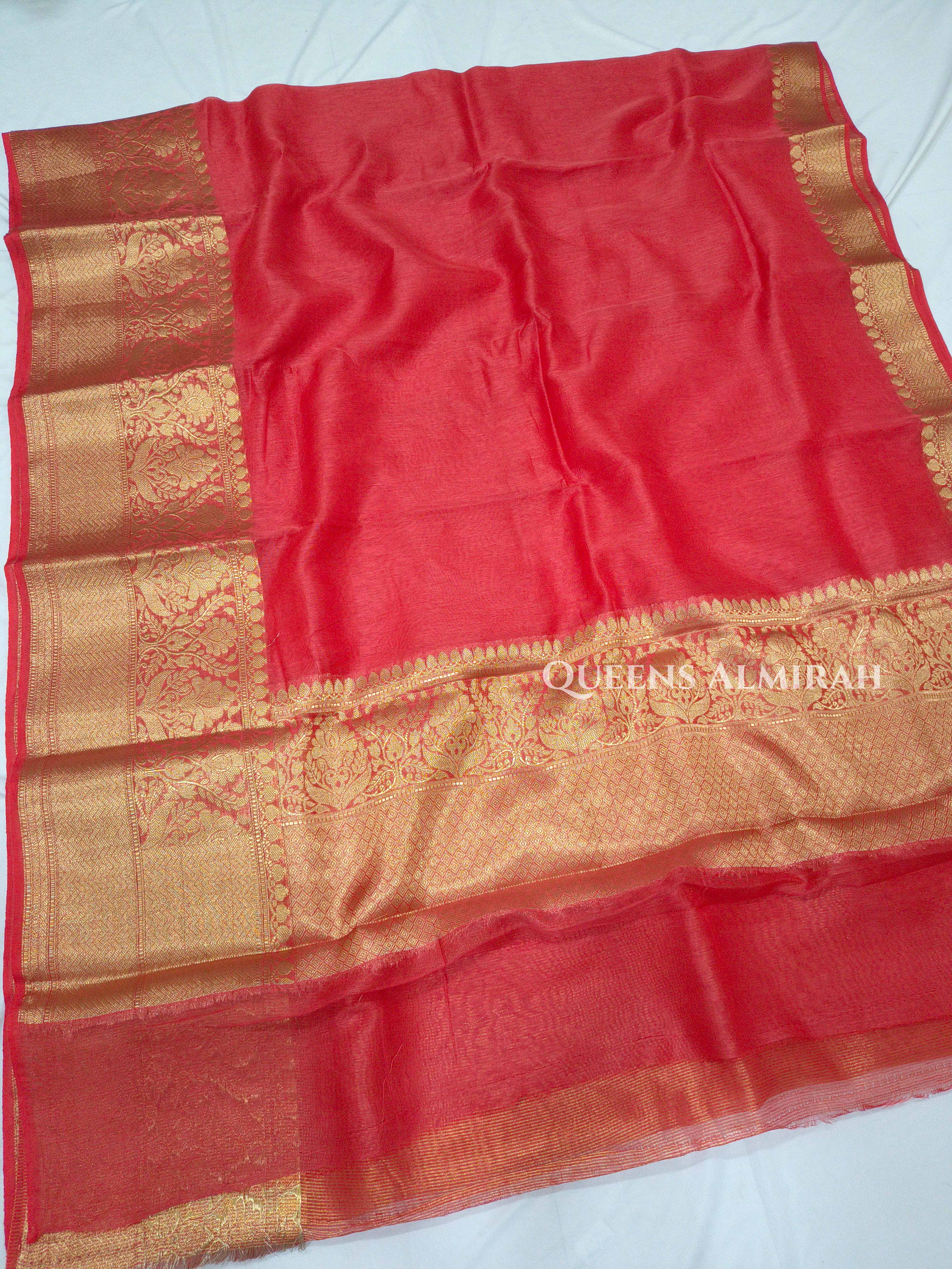 Coral Red Banarasi Linen Saree QUEENS ALMIRAH
