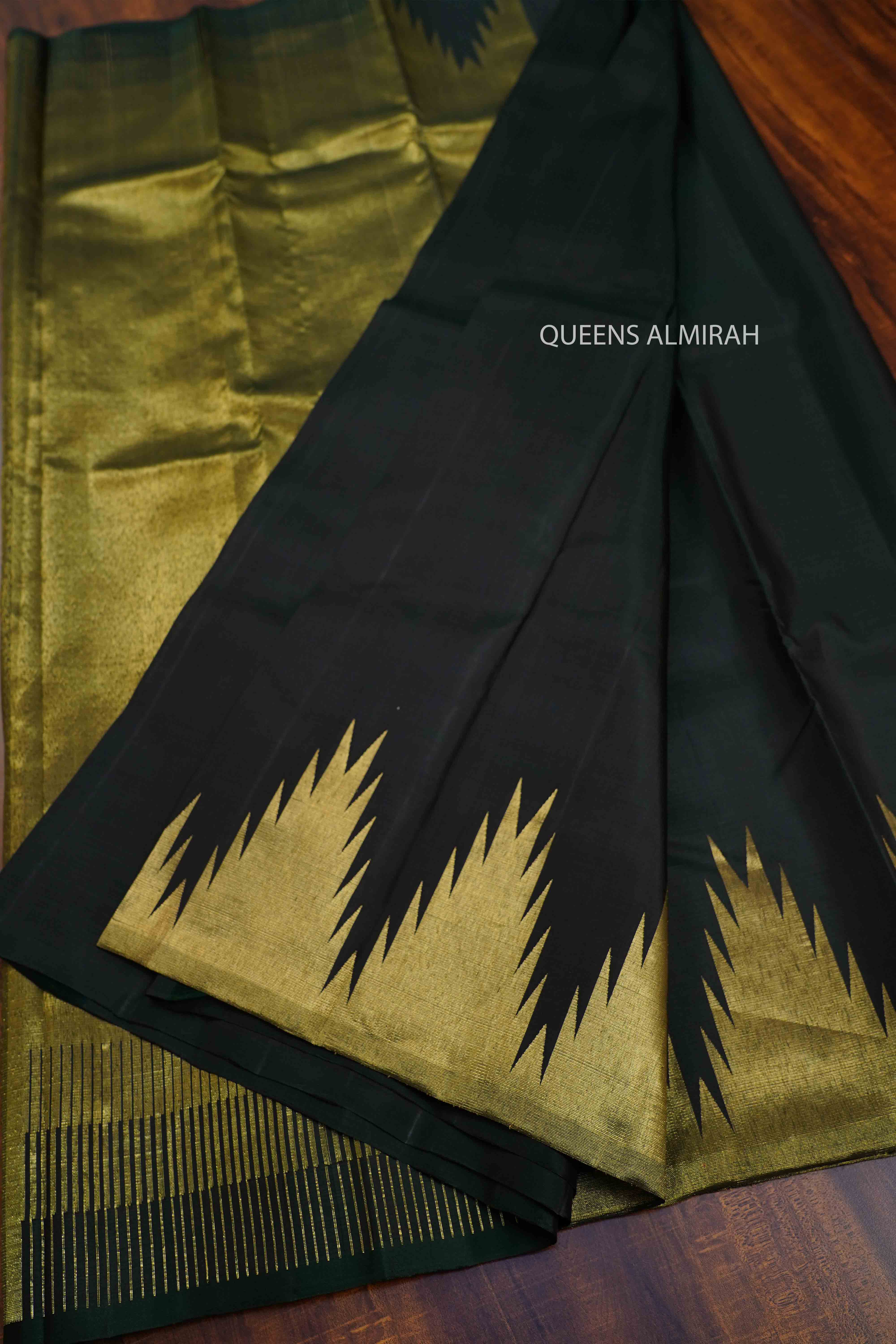 DARK GREEN PURE KANCHIVARAM SILK SAREE - Queens Jewel Emporium