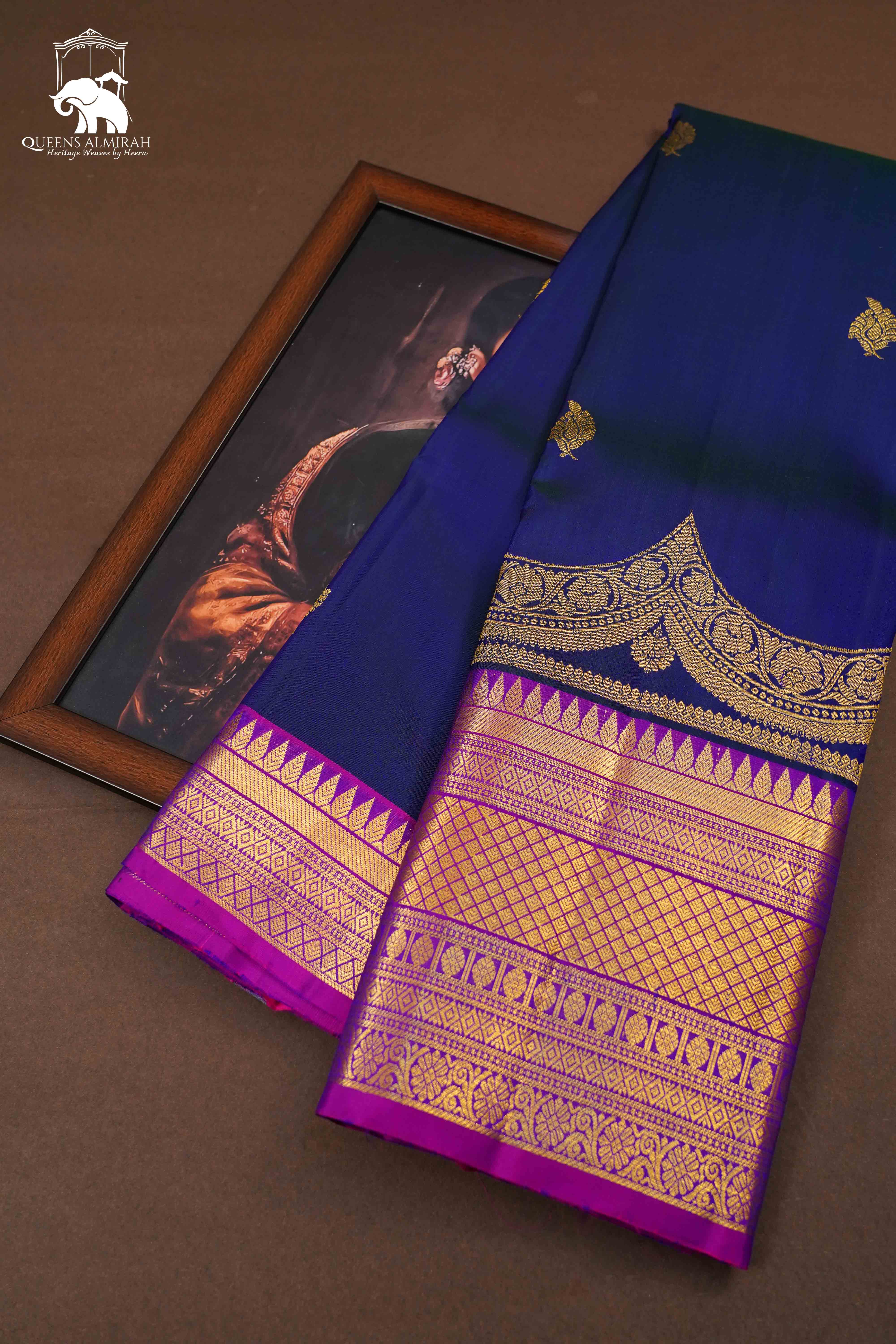 DARK INDIGO WITH PURPLE PURE KANCHIVARAM SILK SAREE - Queens Jewel Emporium