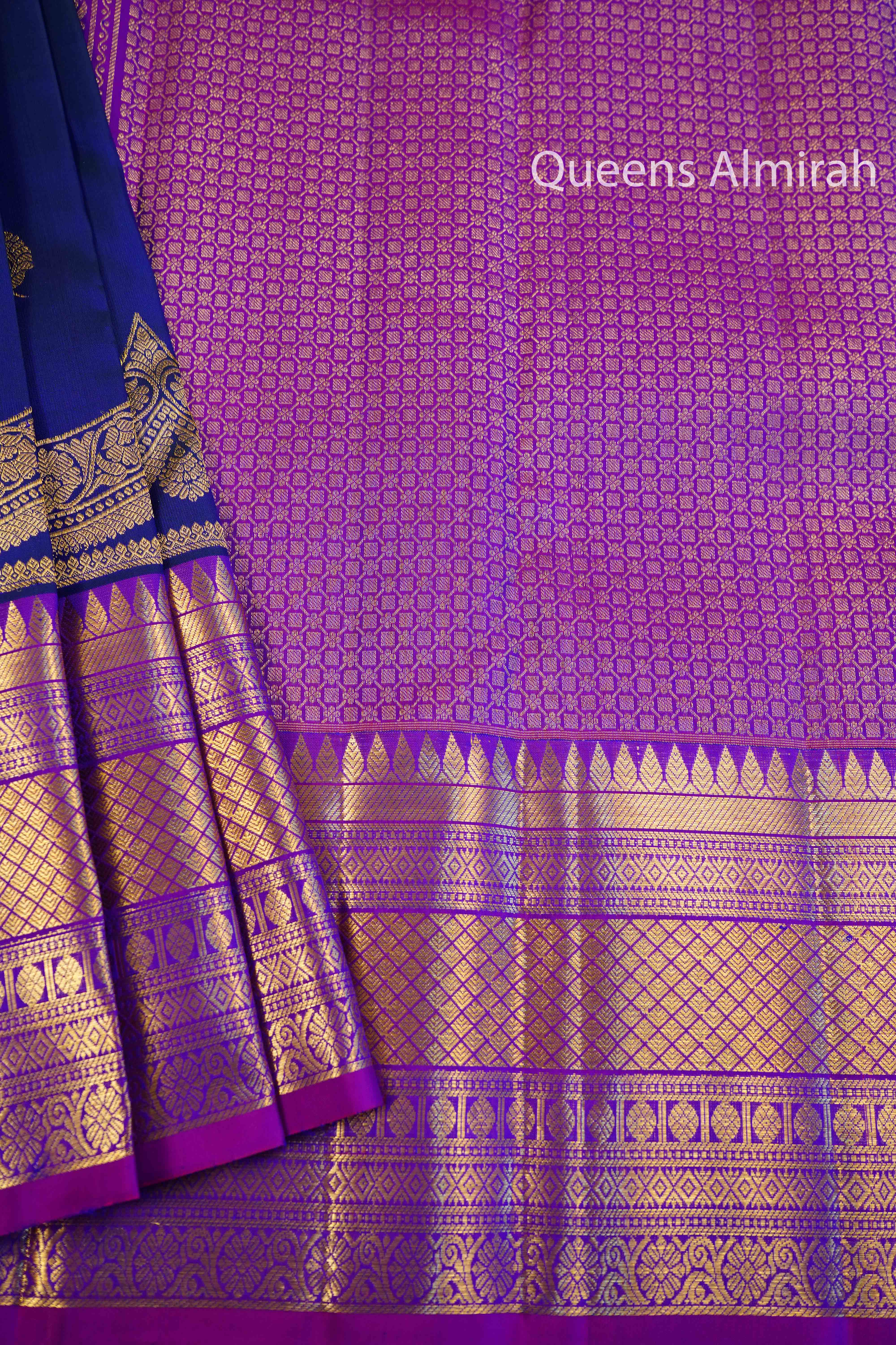 DARK INDIGO WITH PURPLE PURE KANCHIVARAM SILK SAREE - Queens Jewel Emporium