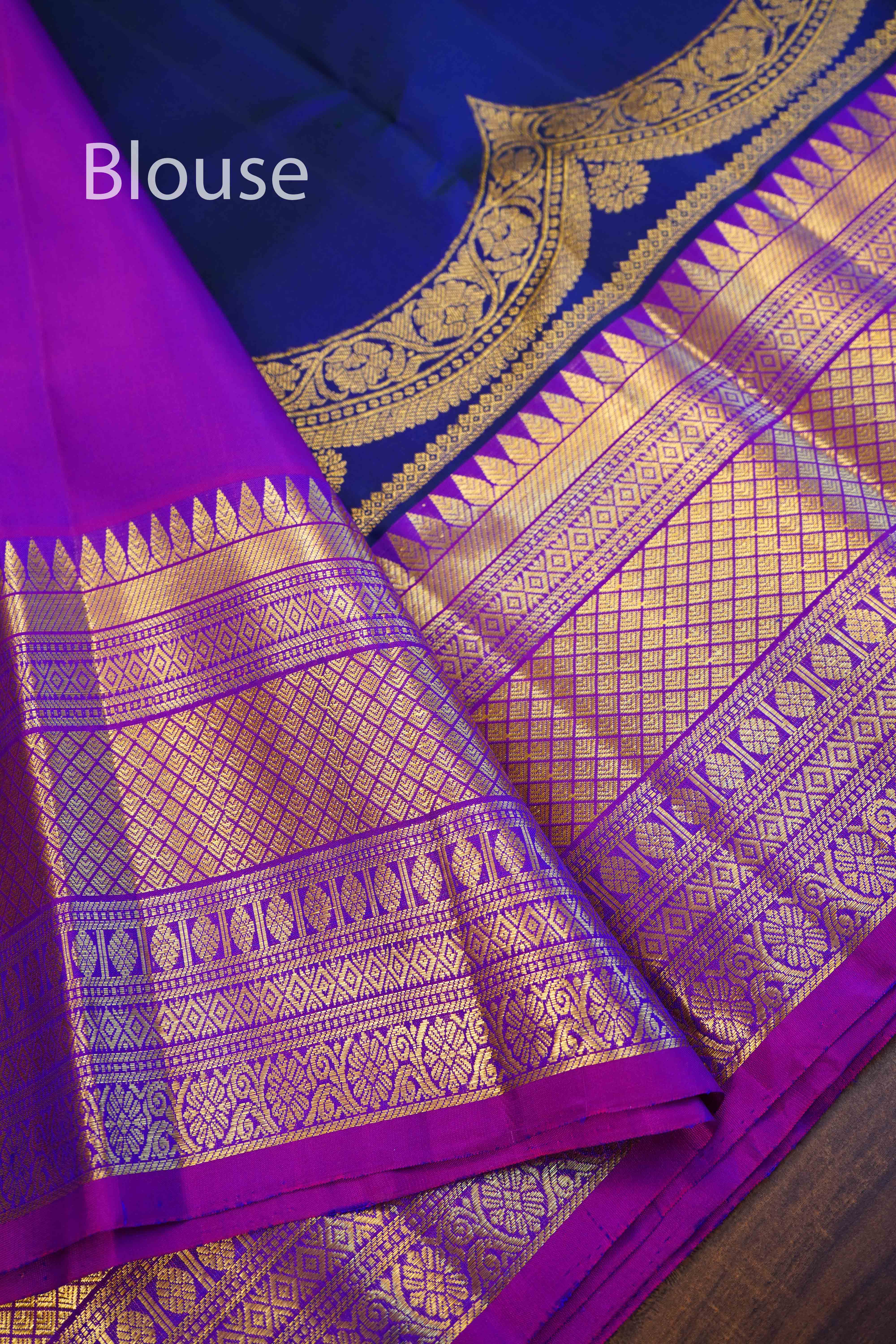 DARK INDIGO WITH PURPLE PURE KANCHIVARAM SILK SAREE - Queens Jewel Emporium
