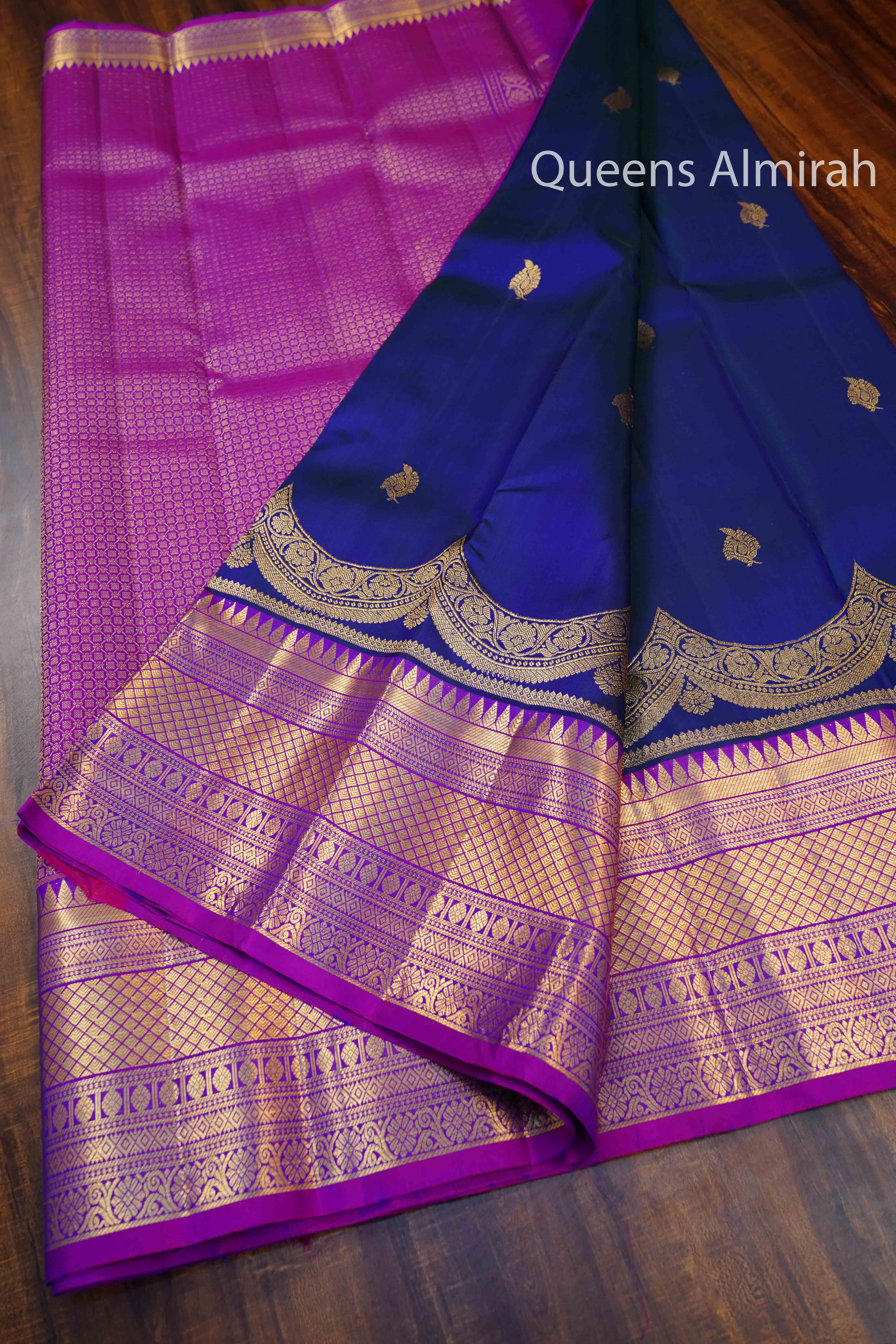 DARK INDIGO WITH PURPLE PURE KANCHIVARAM SILK SAREE - Queens Jewel Emporium