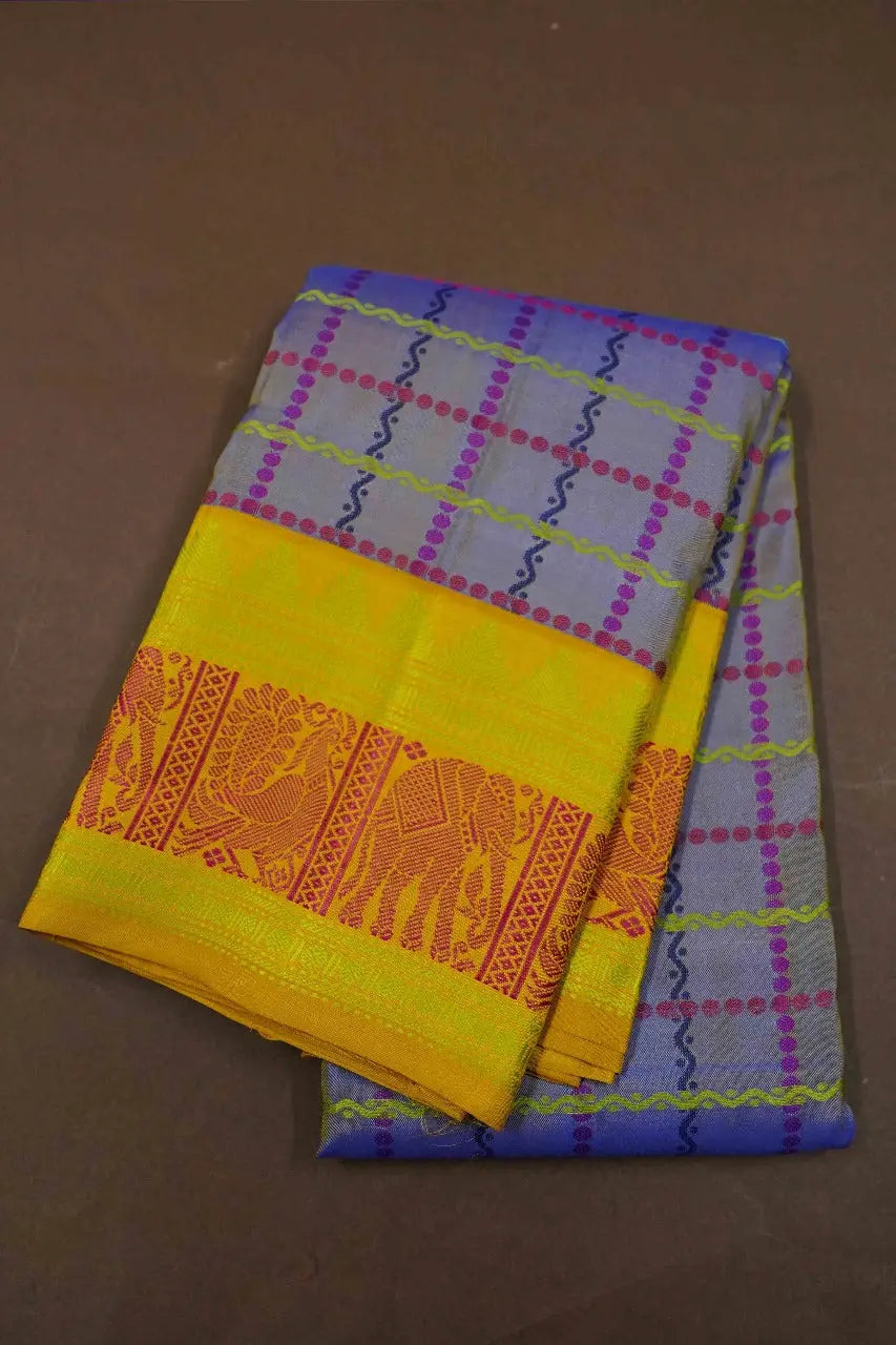 DARK LILAC WITH MANGO YELLOW PURE KANCHIVARAM SILK SAREE - Queens Jewel Emporium