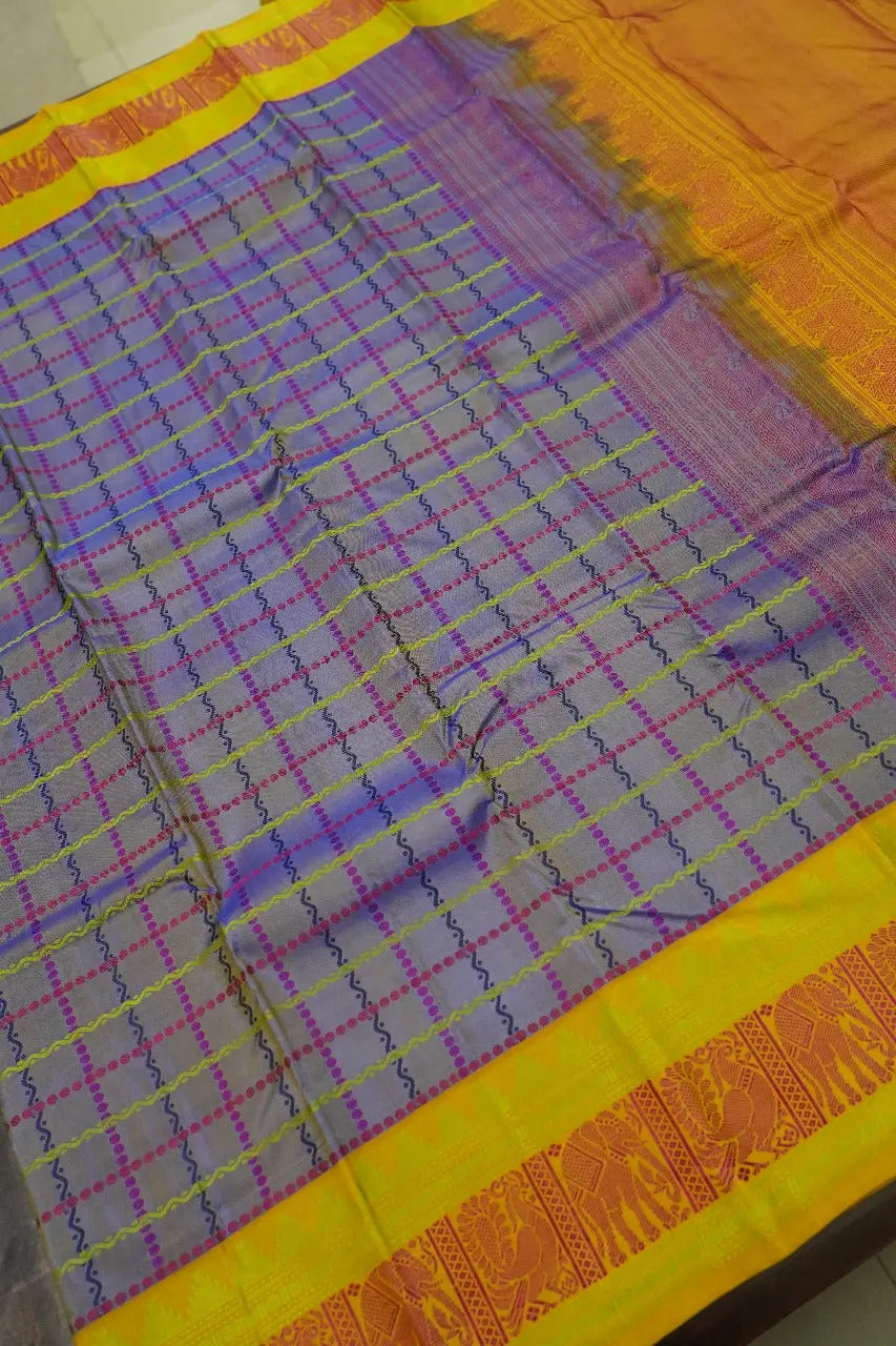 DARK LILAC WITH MANGO YELLOW PURE KANCHIVARAM SILK SAREE - Queens Jewel Emporium