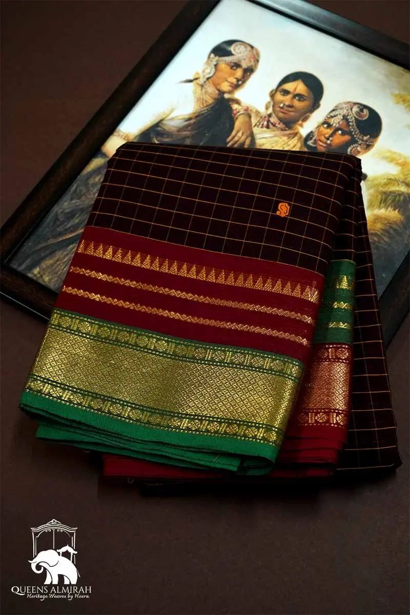DARK MAROON WITH GANGA JAMUNA KANCHI COTTON SAREE - Queens Jewel Emporium