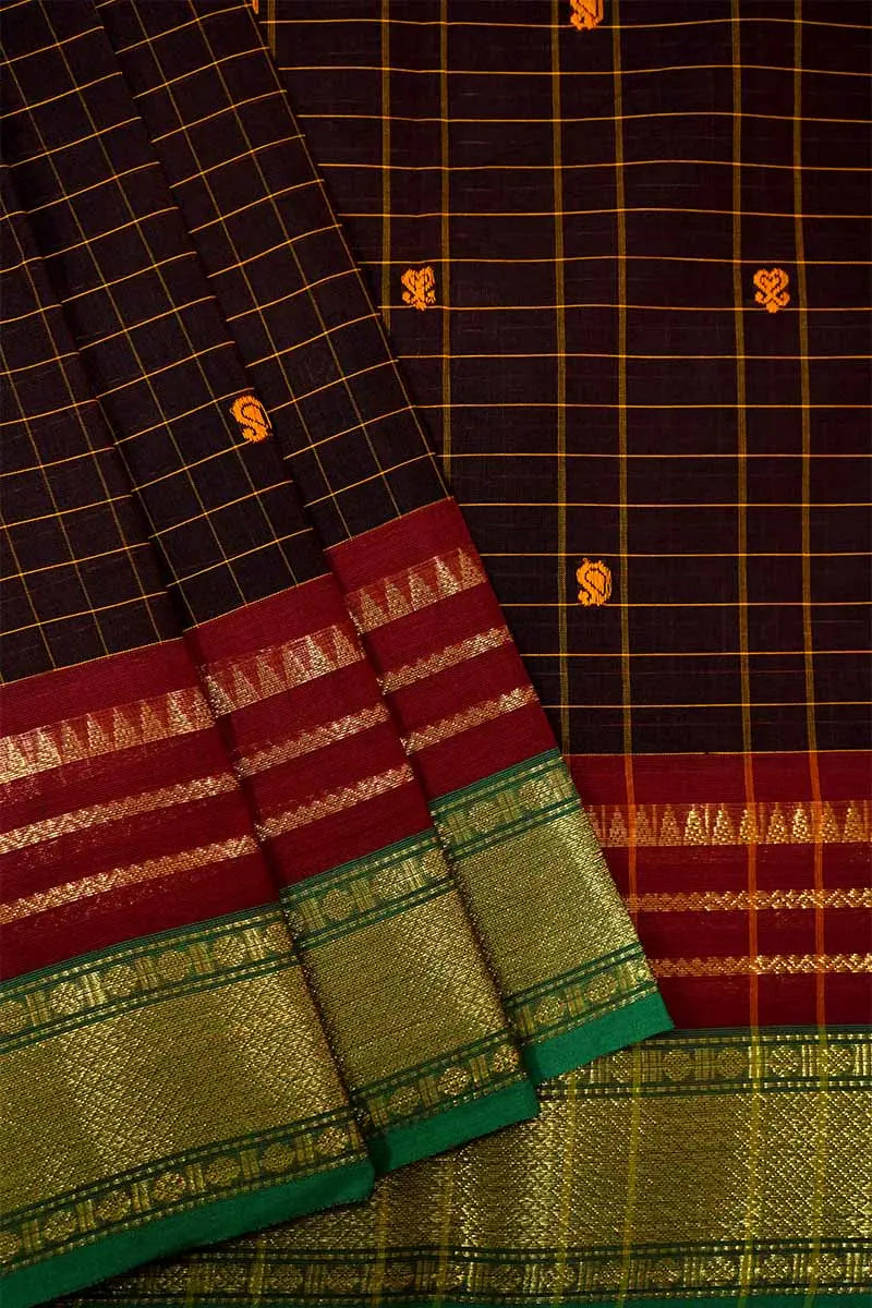 DARK MAROON WITH GANGA JAMUNA KANCHI COTTON SAREE - Queens Jewel Emporium